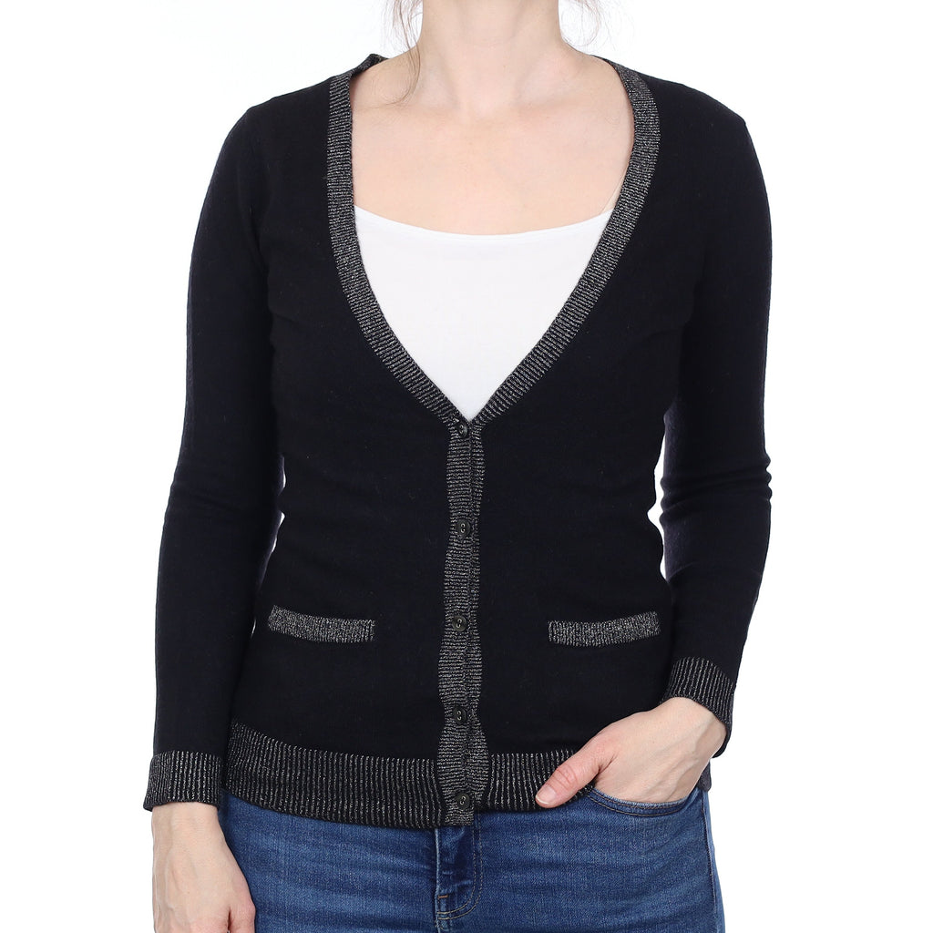 Black Sparkly Trim Cashmere V Neck Cardigan With Pockets Small
