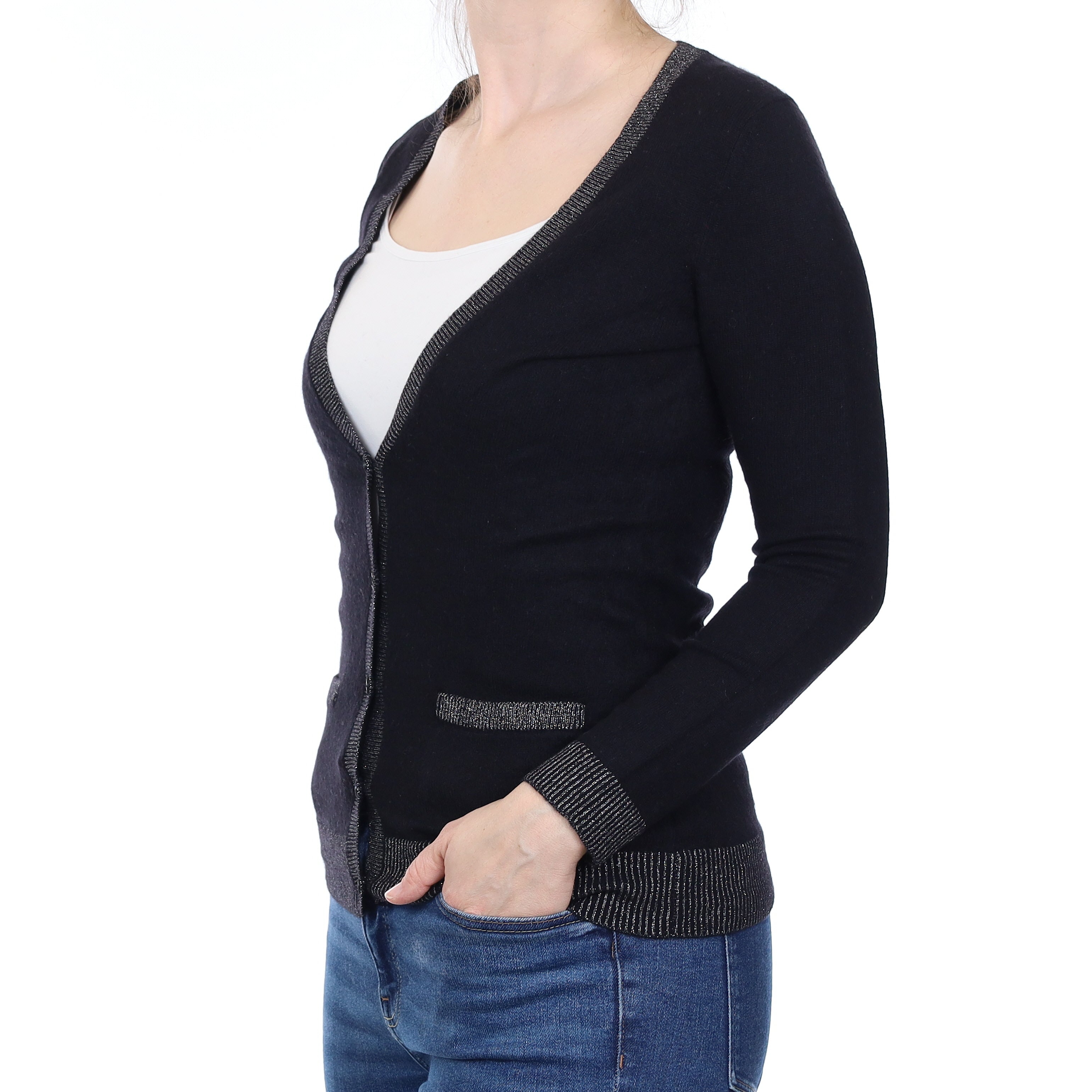 Black Sparkly Trim Cashmere V Neck Cardigan With Pockets Small