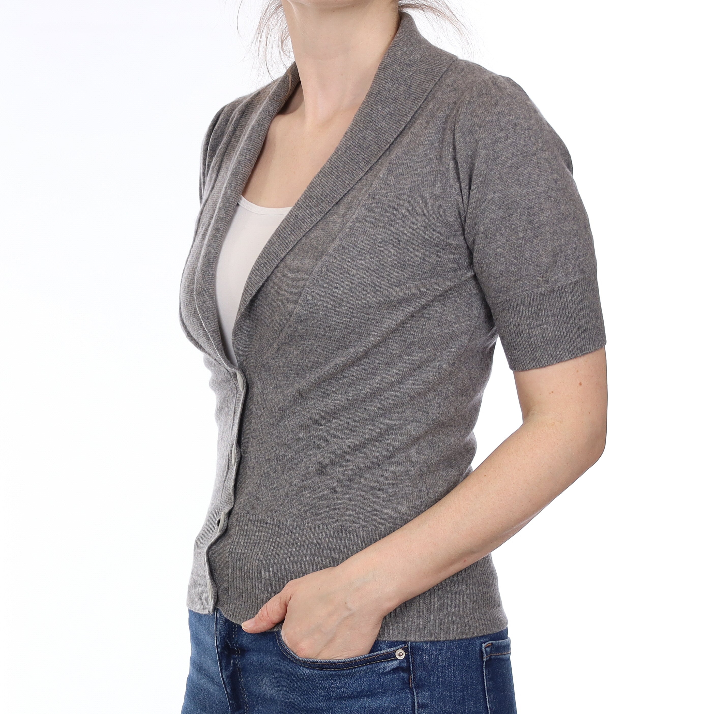 Ash Grey Cashmere Short Sleeve Shawl Collar Cardigan Small