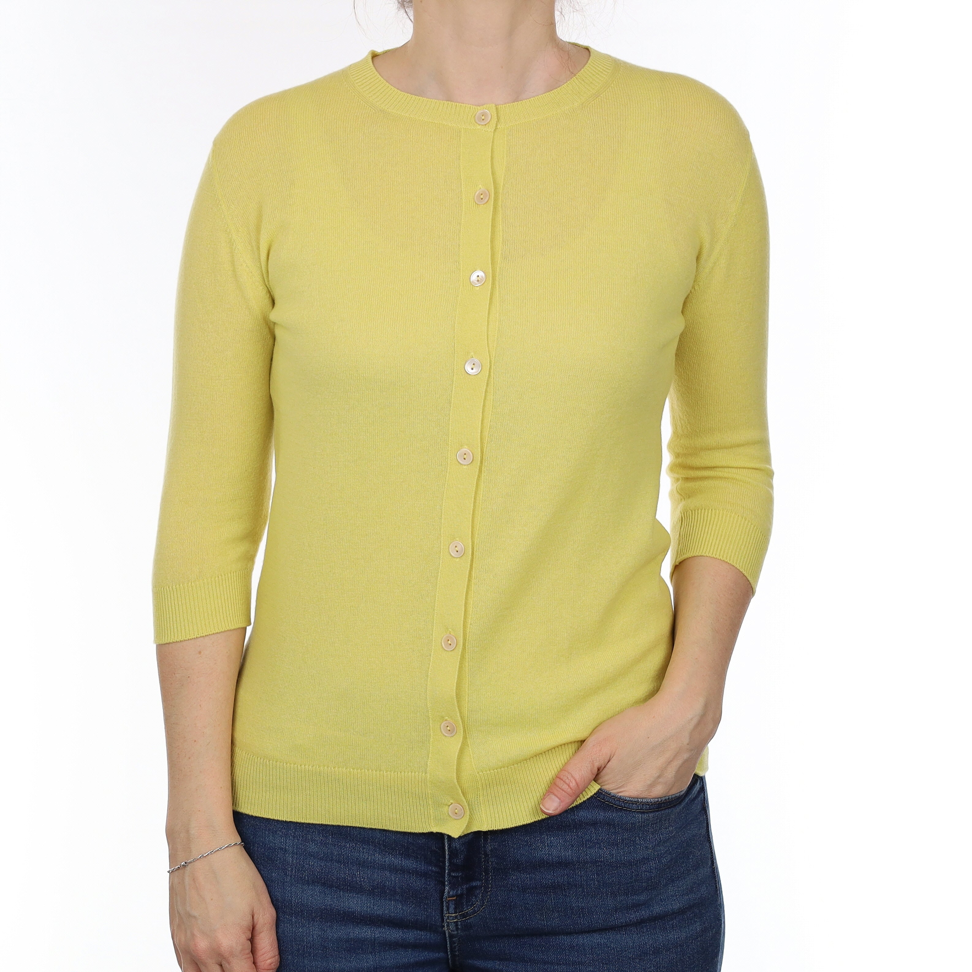 Brand New Scottish Primrose Yellow Cashmere Crew Neck Cardigan Small