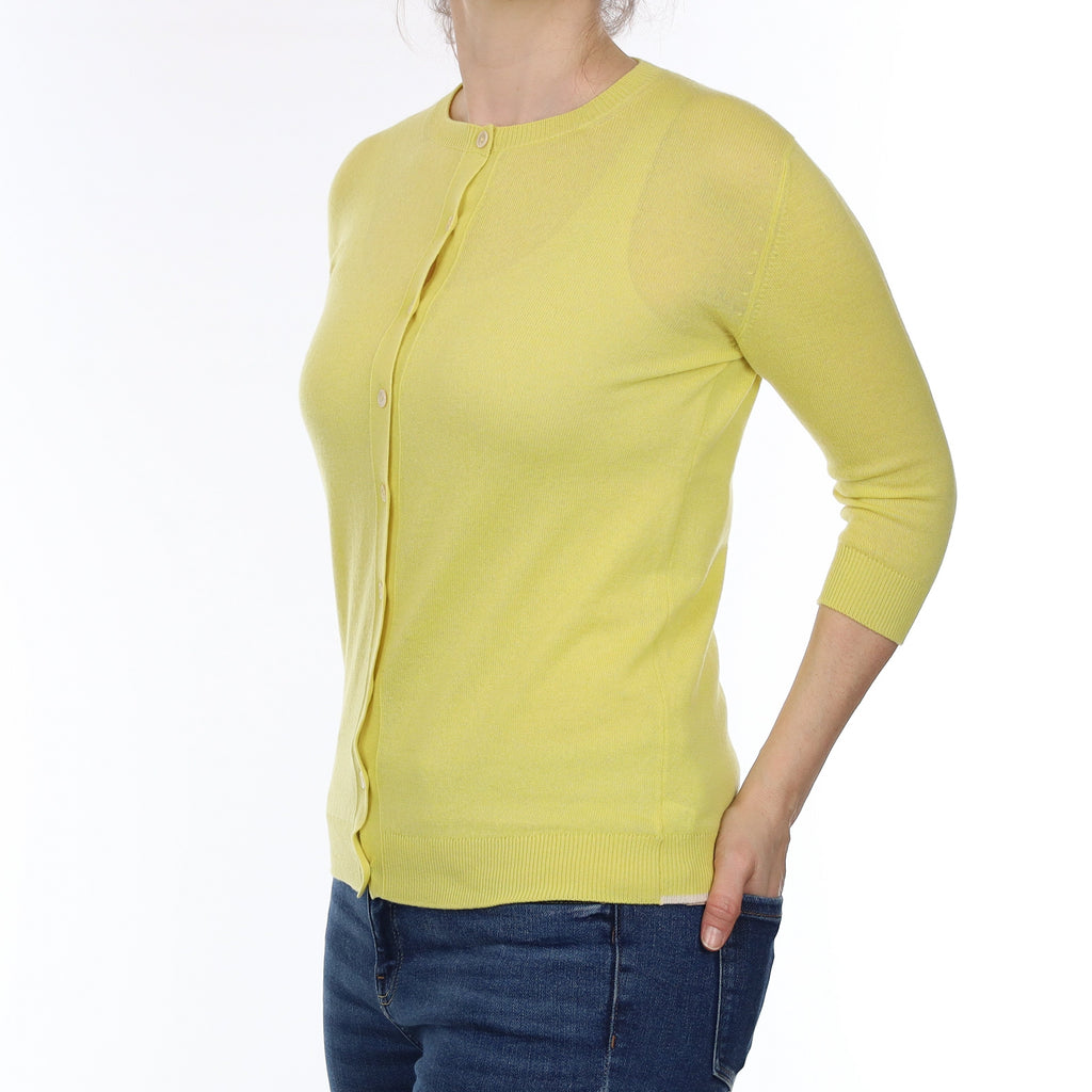 Brand New Scottish Primrose Yellow Cashmere Crew Neck Cardigan Small
