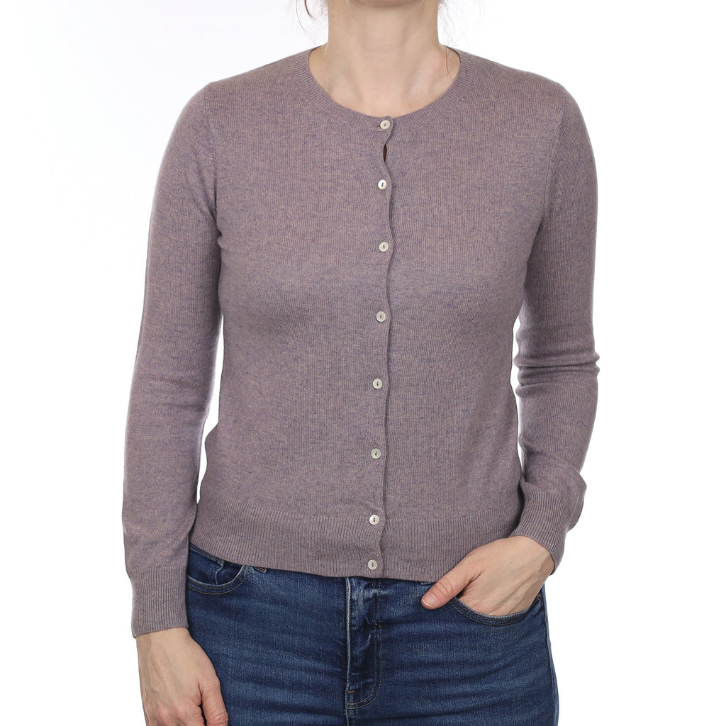 Dusty Purple Marl Cashmere Crew Neck Cardigan Small