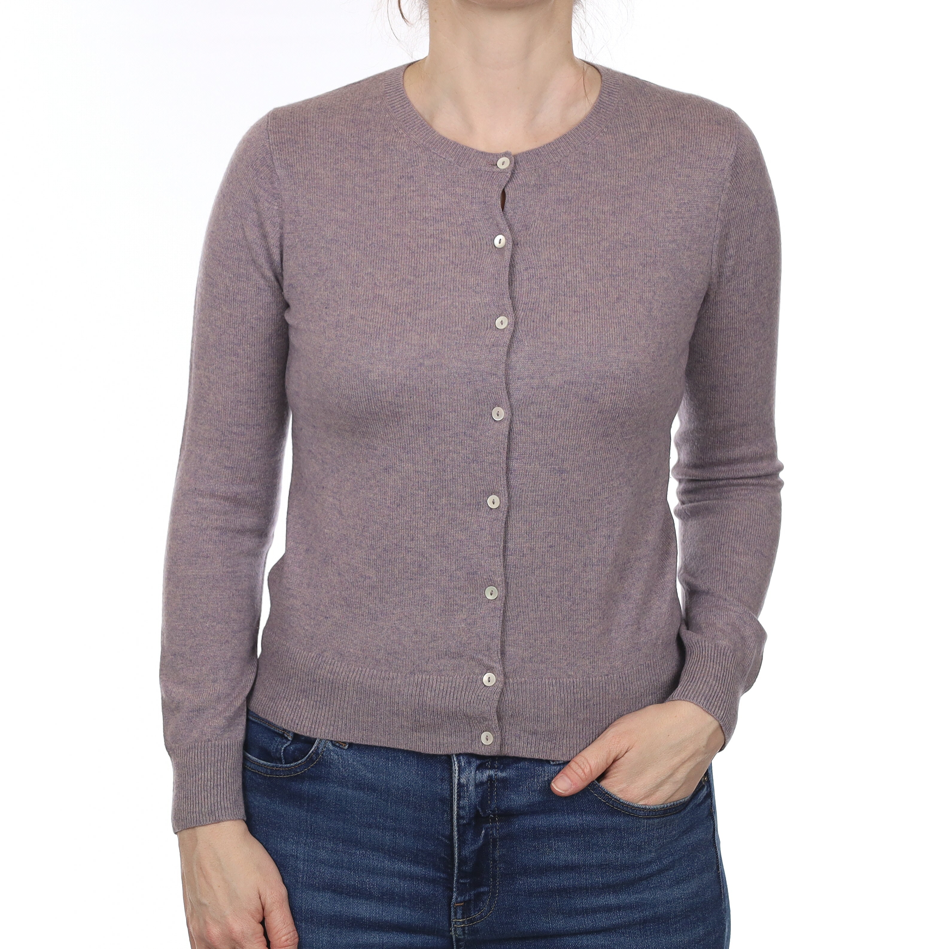 Dusty Purple Marl Cashmere Crew Neck Cardigan Small