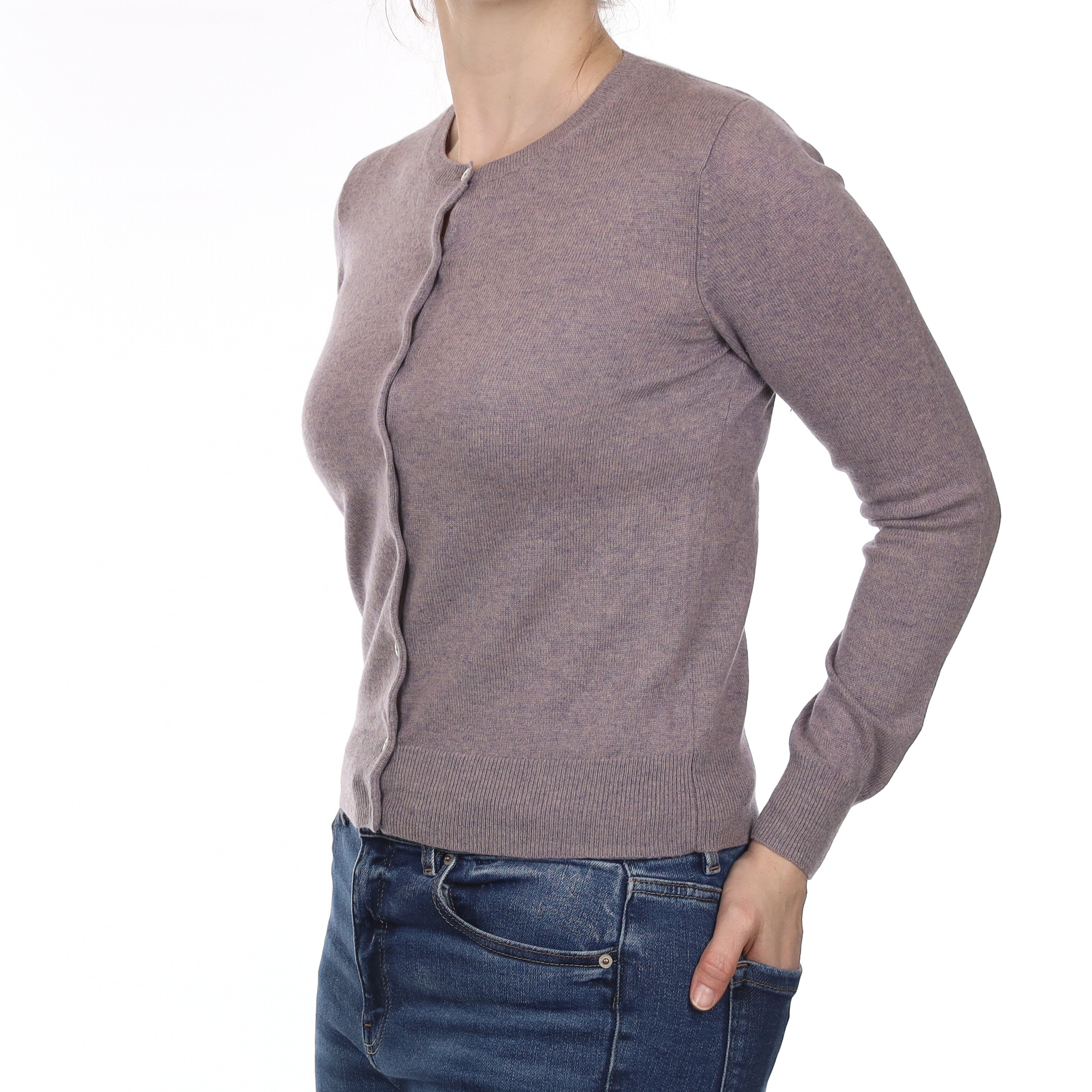 Dusty Purple Marl Cashmere Crew Neck Cardigan Small