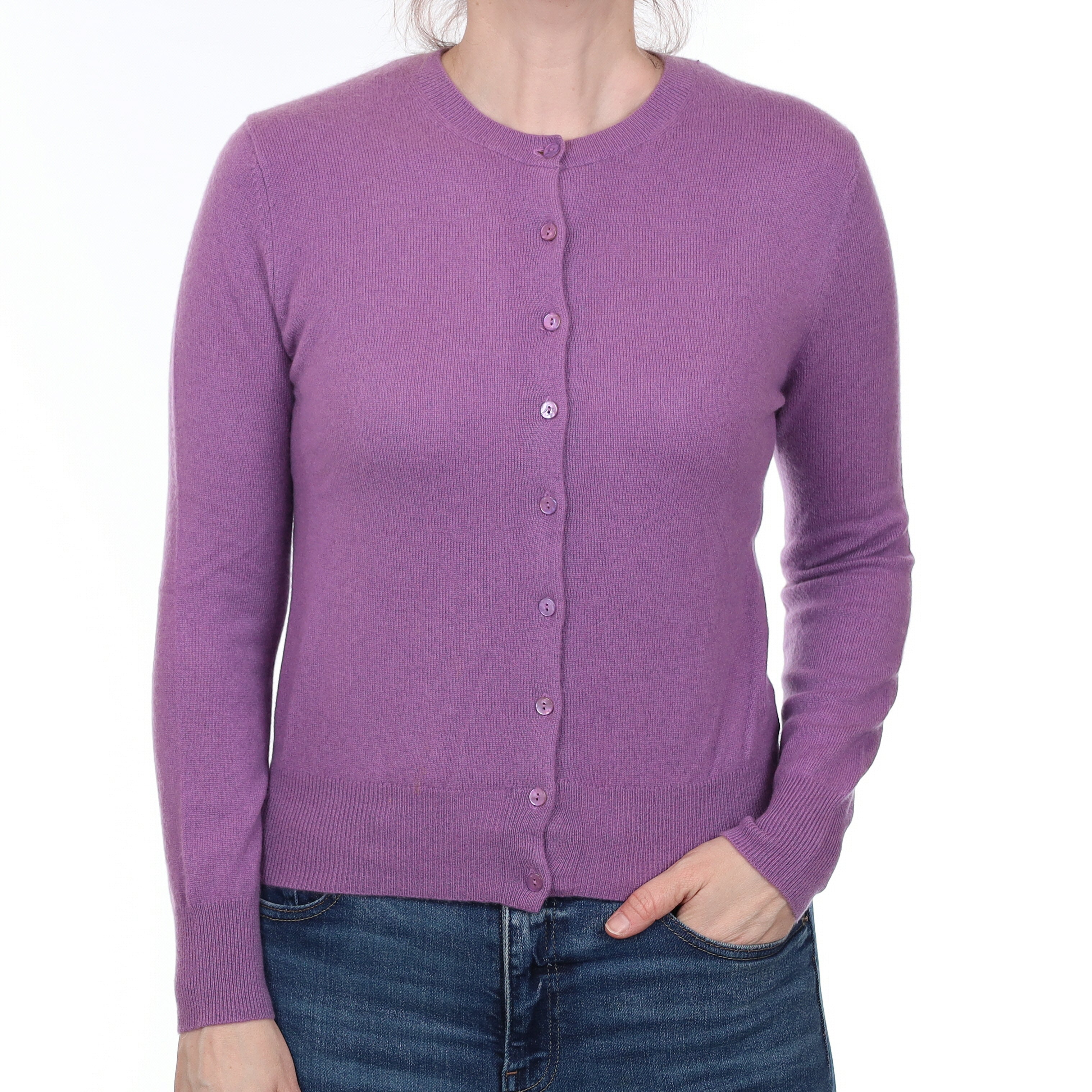 Wisteria Purple Cashmere Crew Neck Cardigan Small