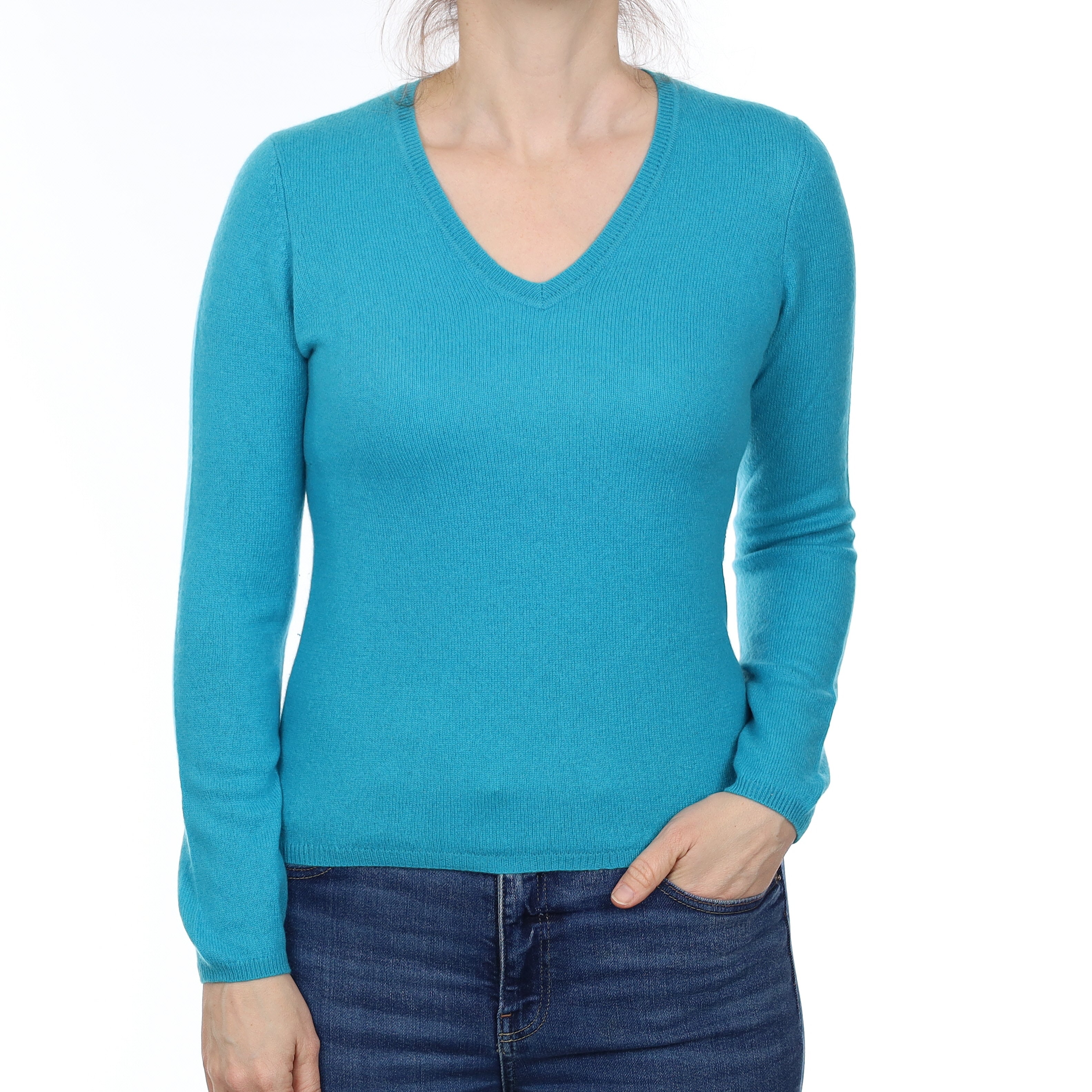 Turquoise Blue Cashmere V Neck Jumper Small