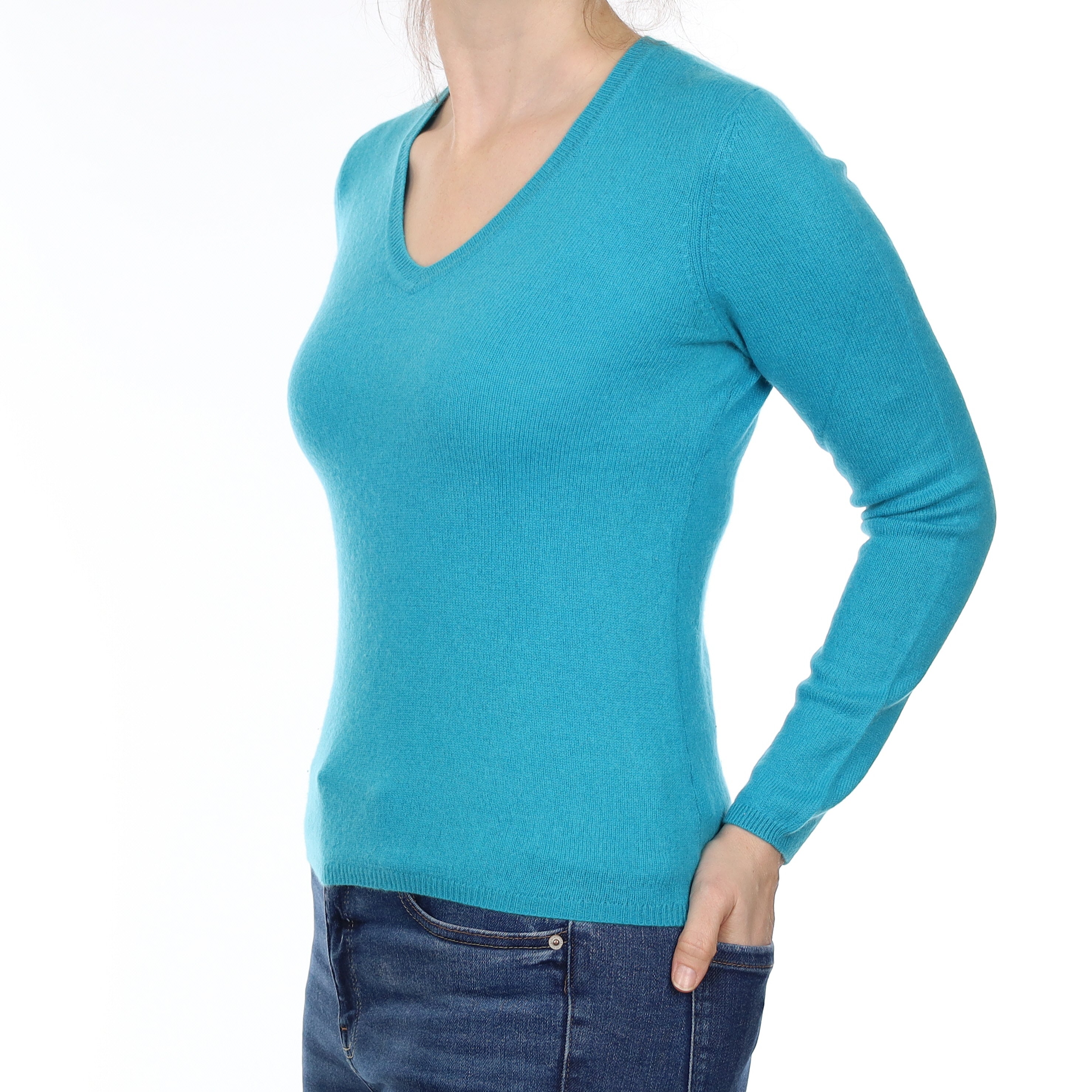Turquoise Blue Cashmere V Neck Jumper Small