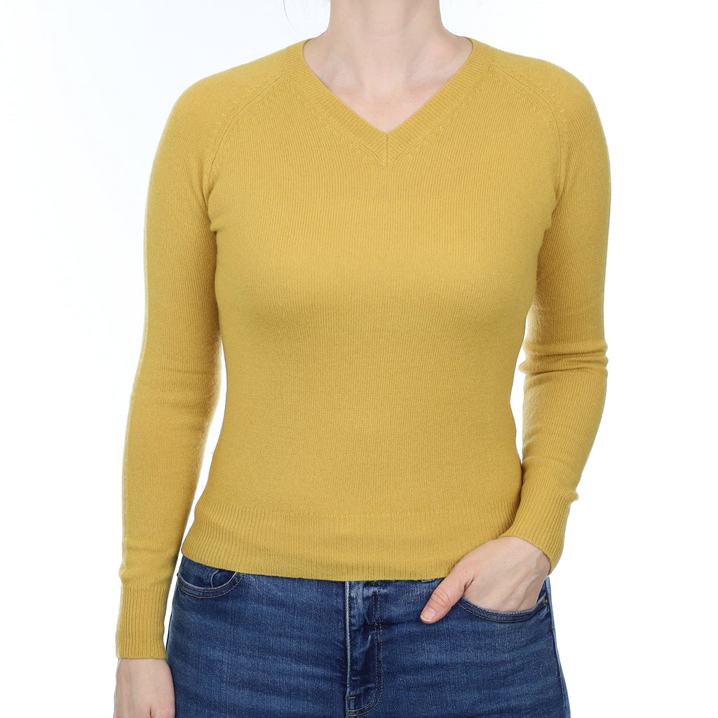 Mustard Yellow Cashmere V Neck Jumper Small