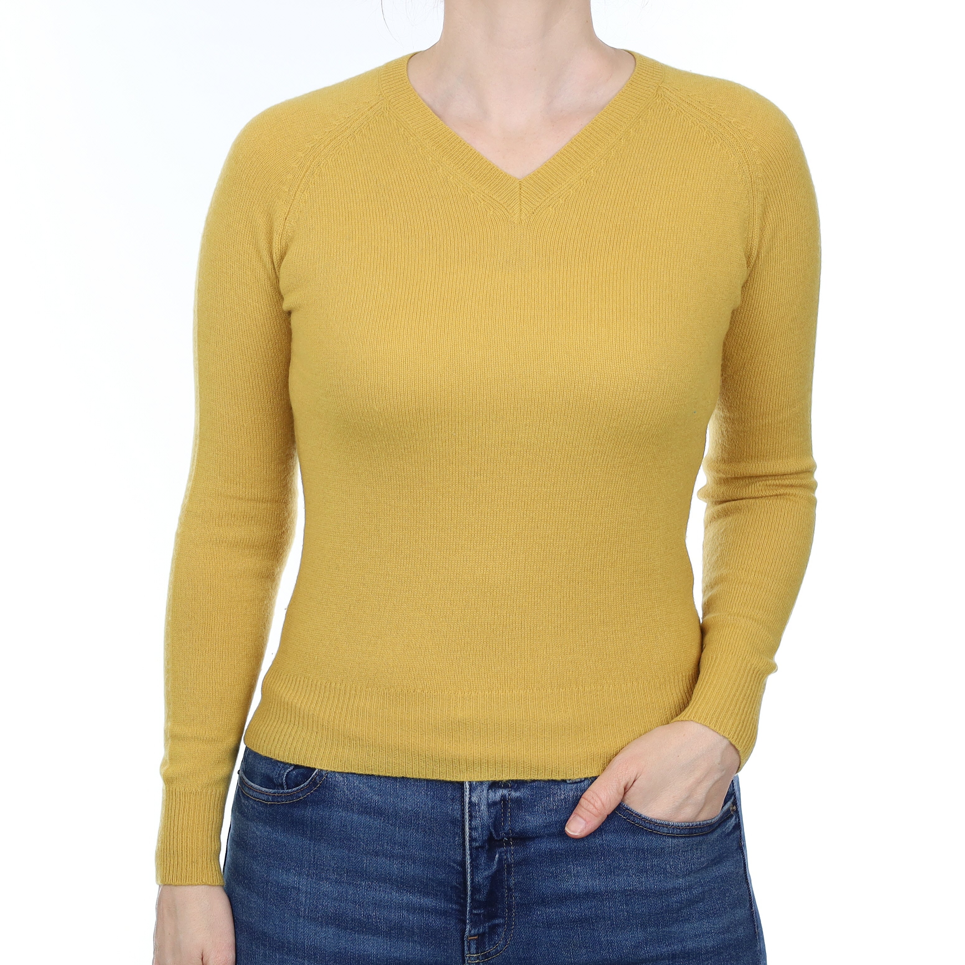 Mustard Yellow Cashmere V Neck Jumper Small