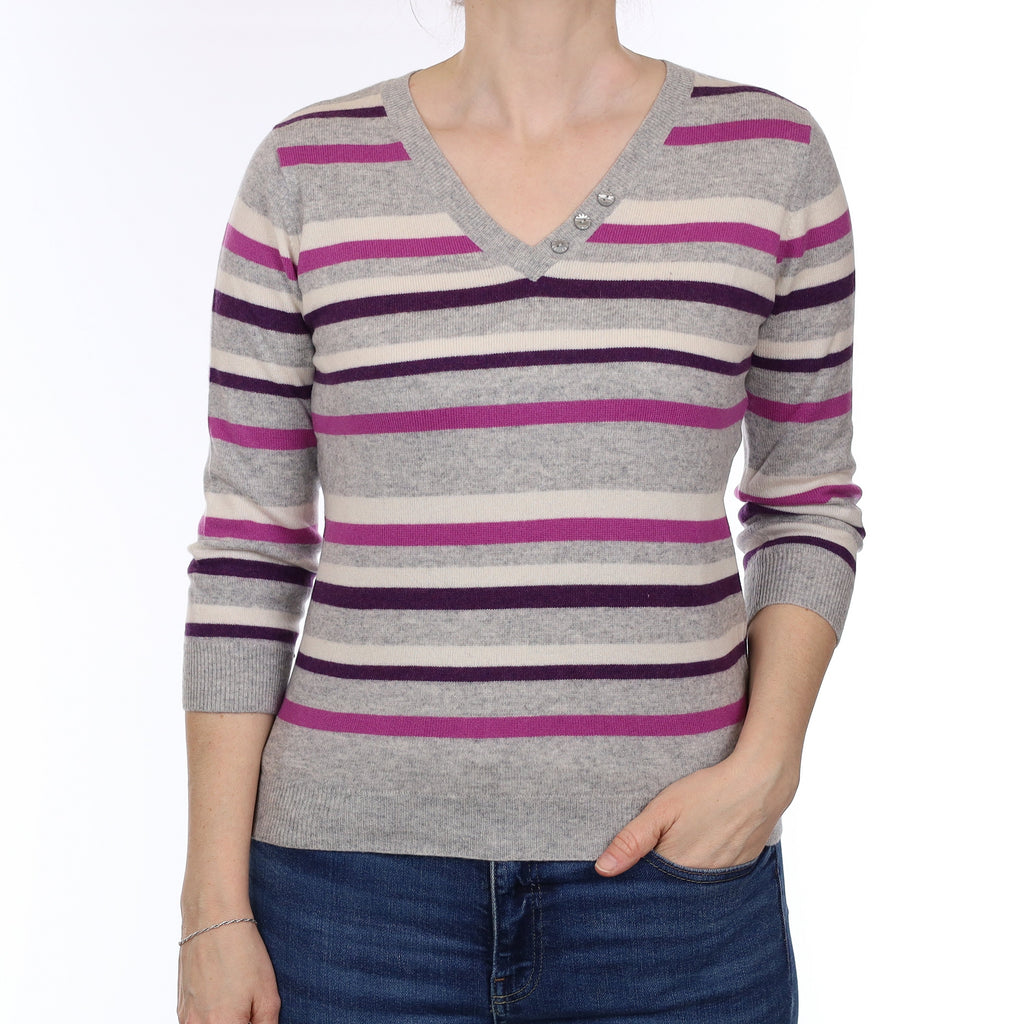 Grey & Purple Stripe Cashmere Buttoned V Neck Jumper Small