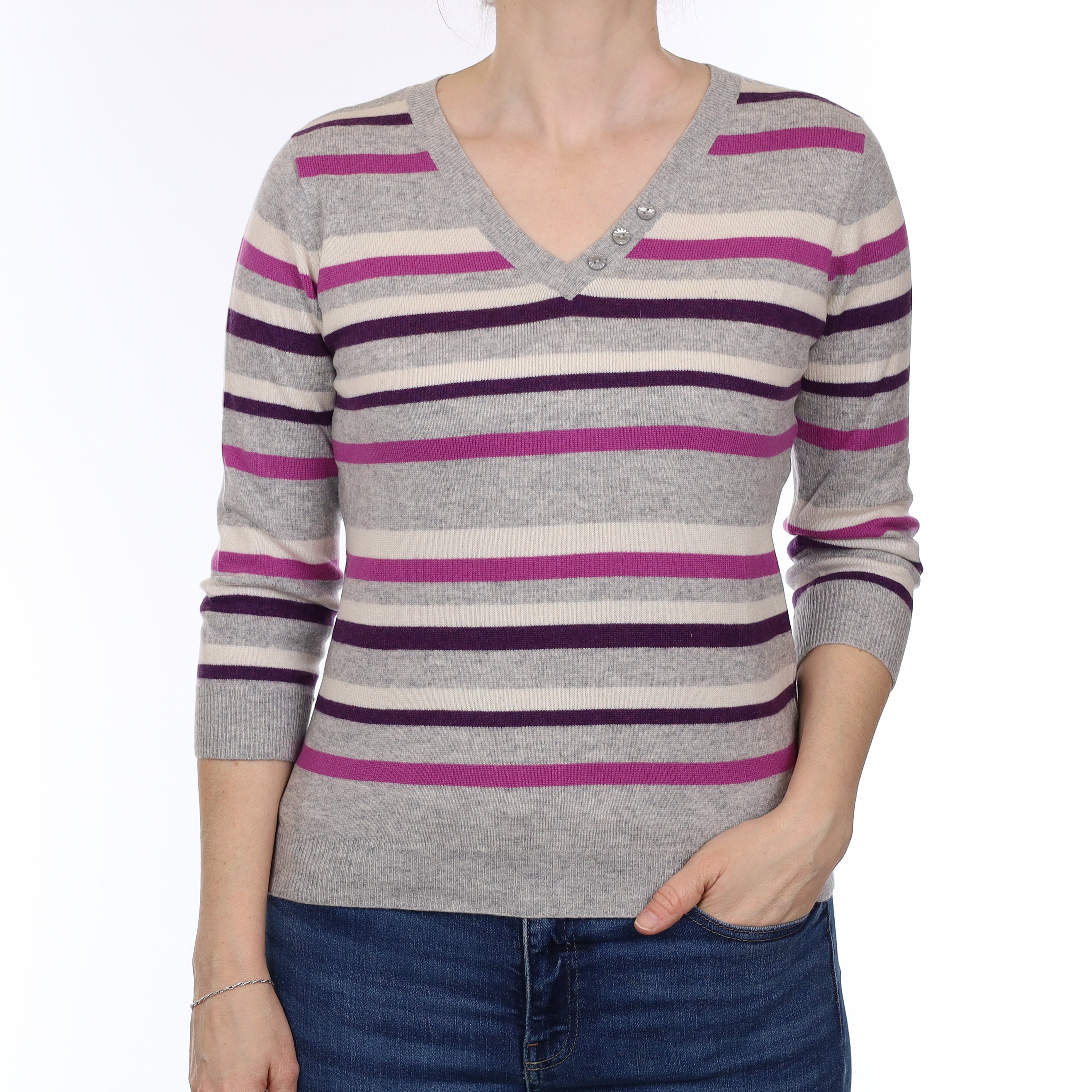Grey & Purple Stripe Cashmere Buttoned V Neck Jumper Small