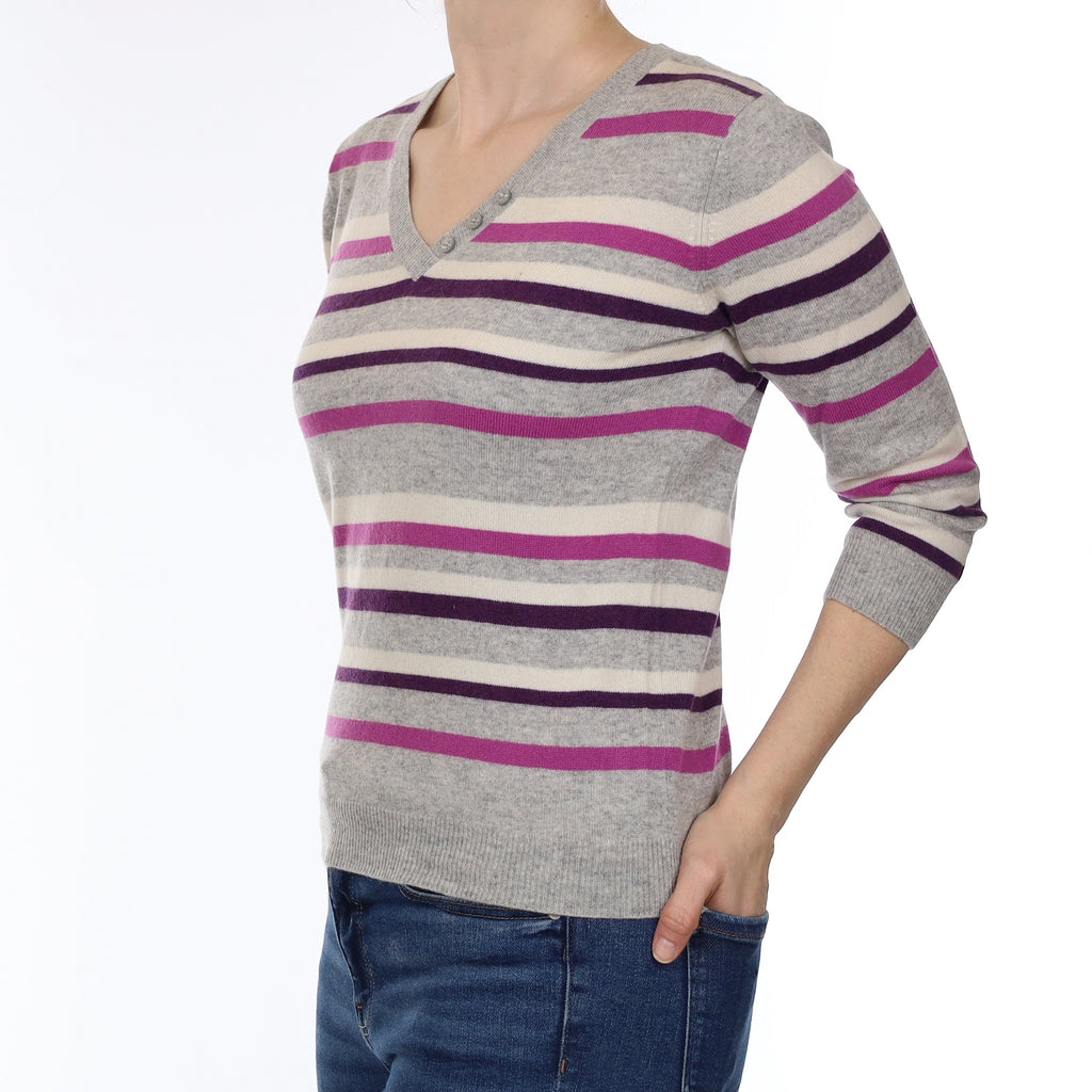 Grey & Purple Stripe Cashmere Buttoned V Neck Jumper Small