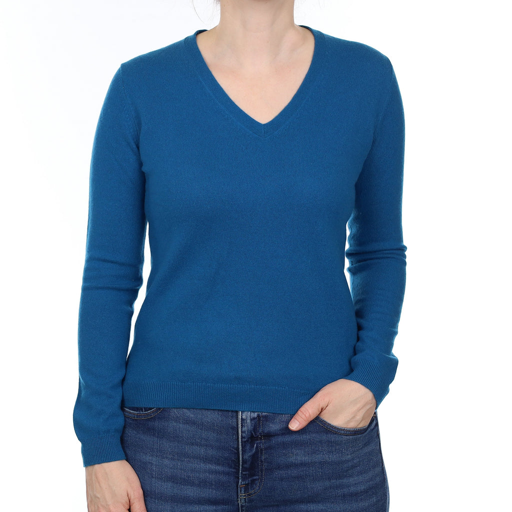 Teal Blue Cashmere V Neck Jumper Small