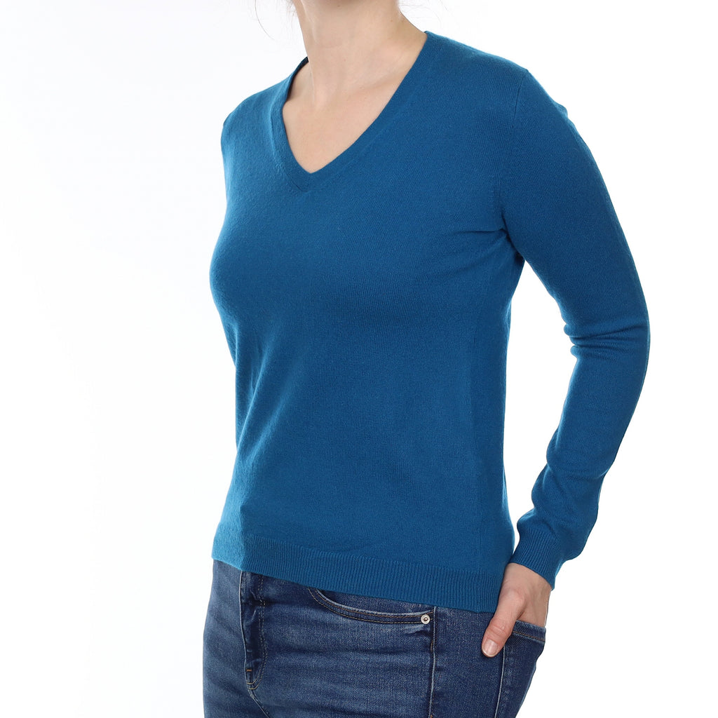 Teal Blue Cashmere V Neck Jumper Small