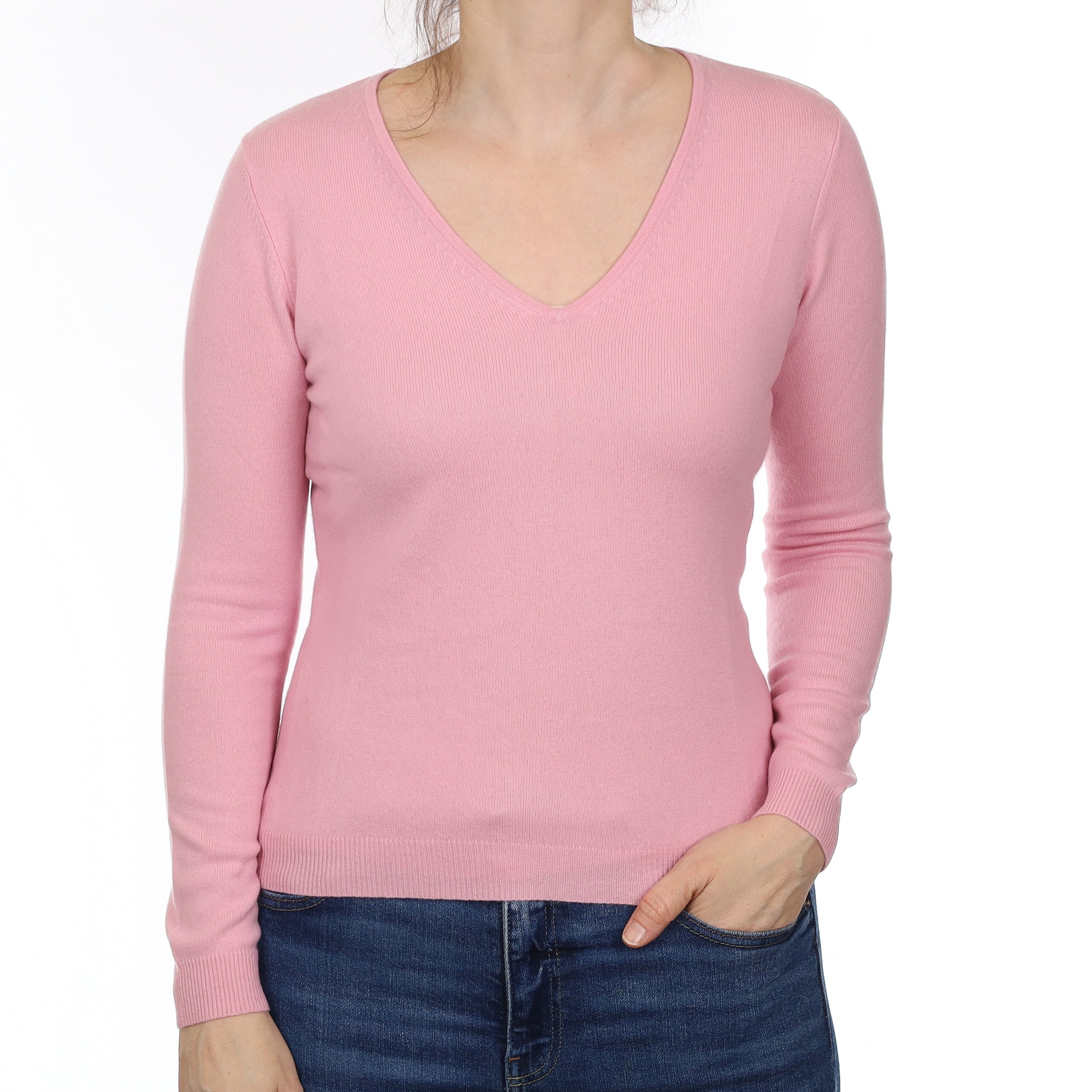 Carnation Pink Cashmere V Neck Jumper Small