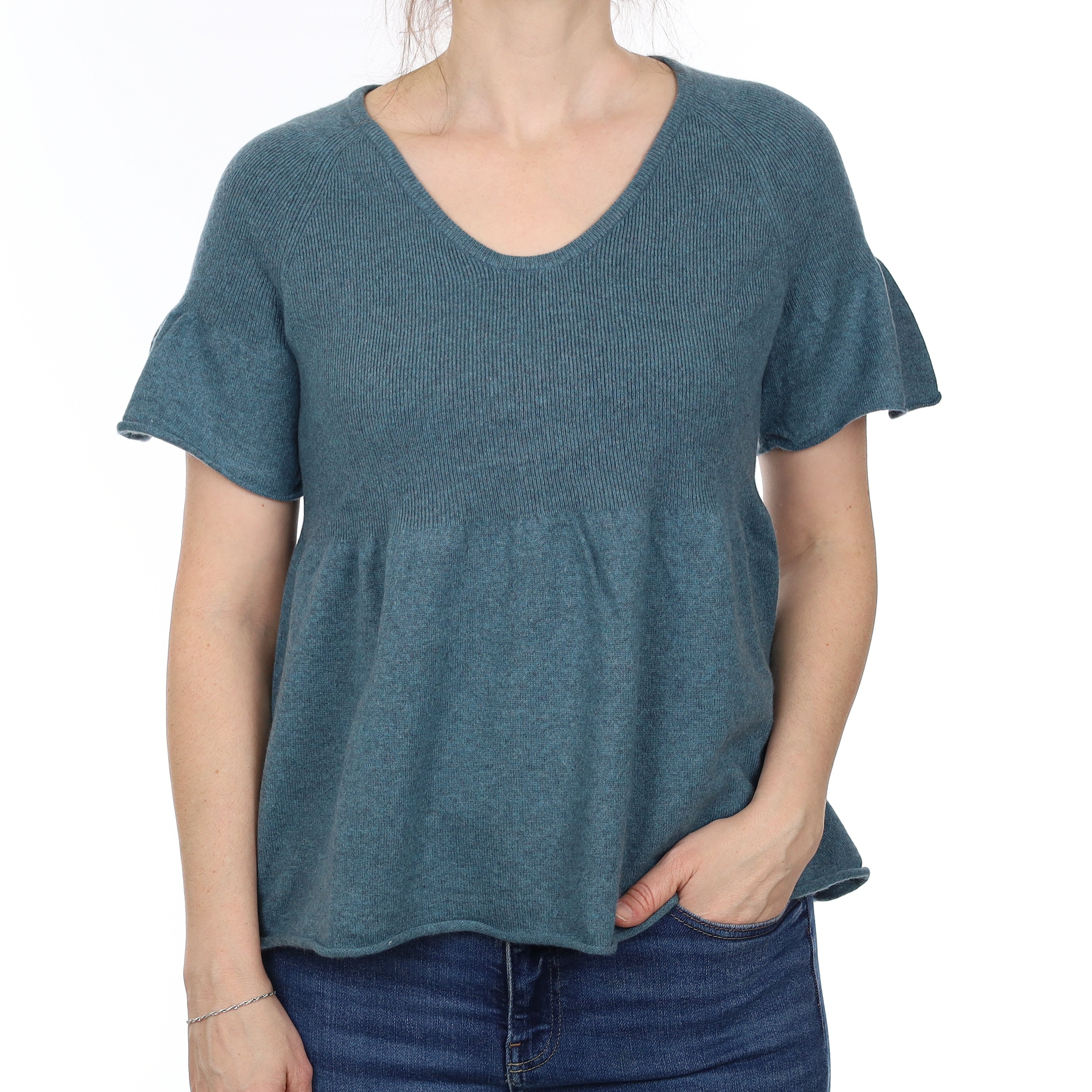 Ocean Green Cashmere Short Sleeve V Neck Jumper Small