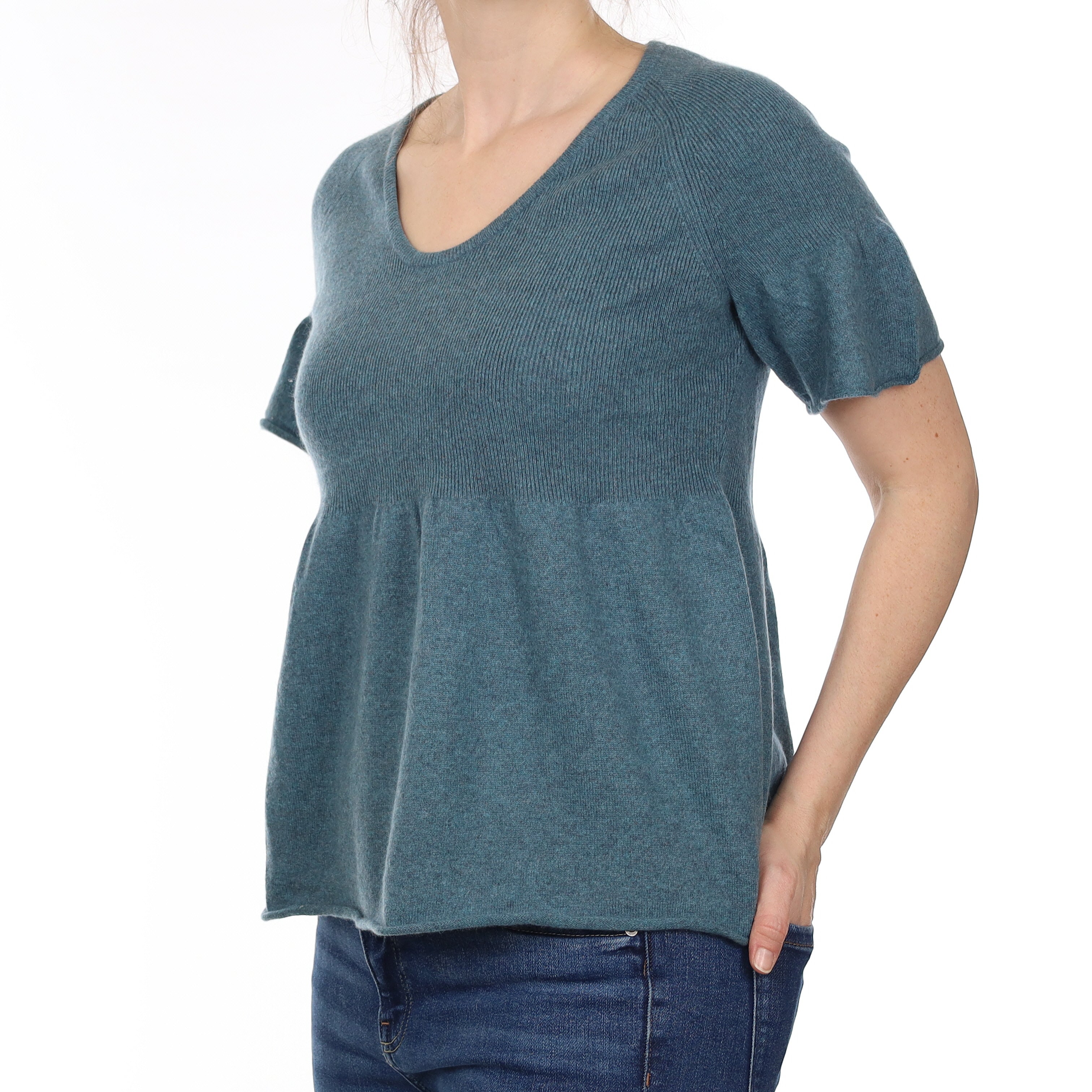 Ocean Green Cashmere Short Sleeve V Neck Jumper Small