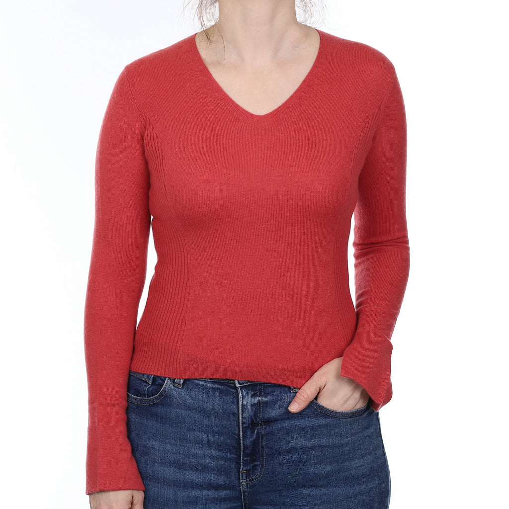 Raspberry Pink Rib Detail Cashmere V Neck Jumper Small