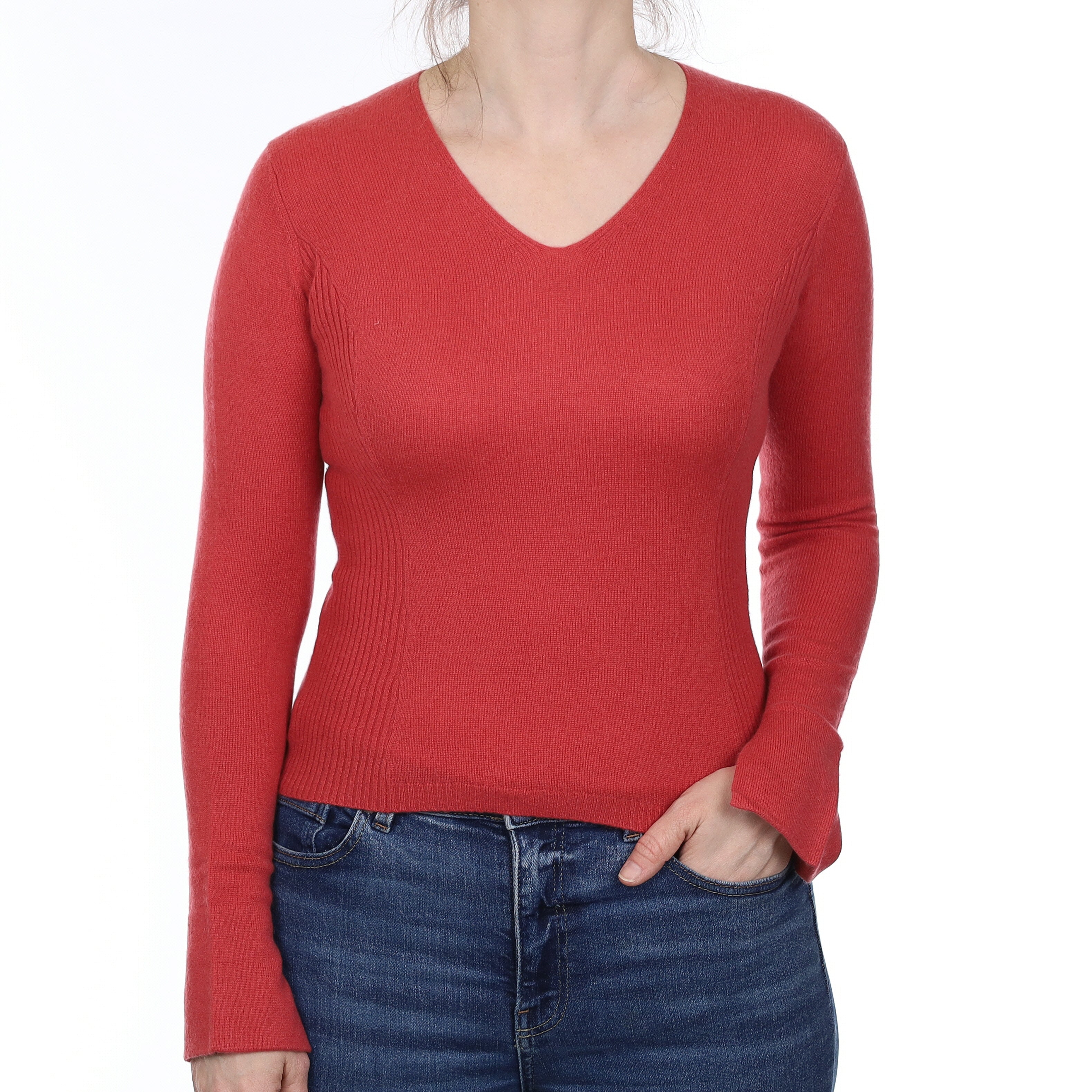 Raspberry Pink Rib Detail Cashmere V Neck Jumper Small