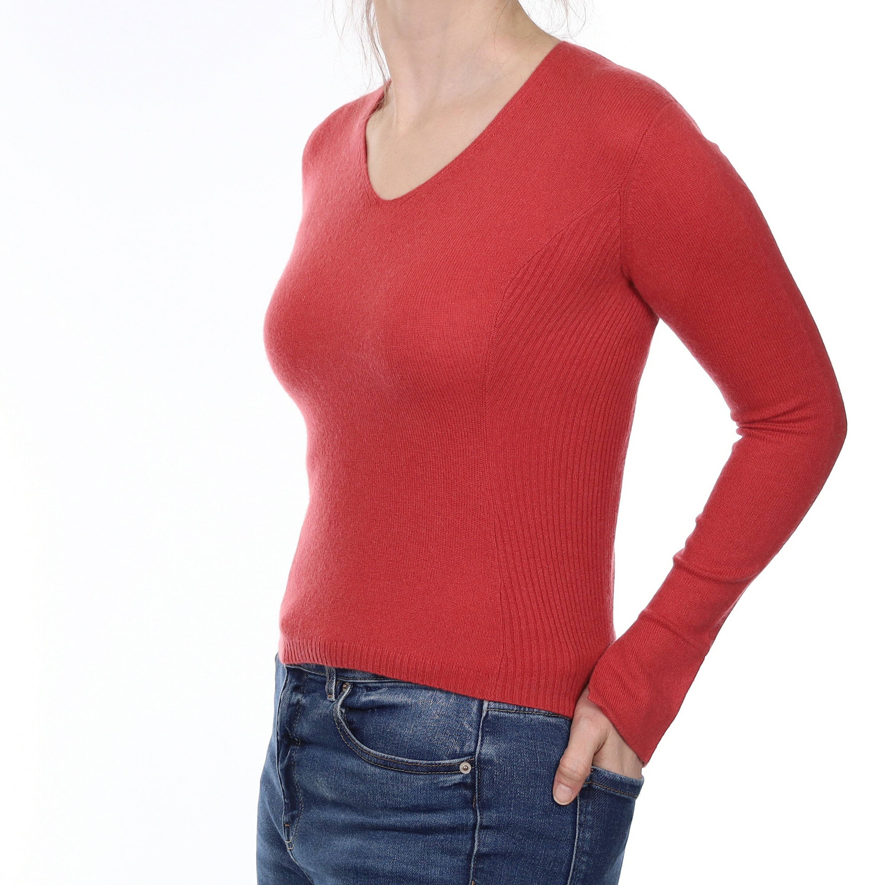 Raspberry Pink Rib Detail Cashmere V Neck Jumper Small