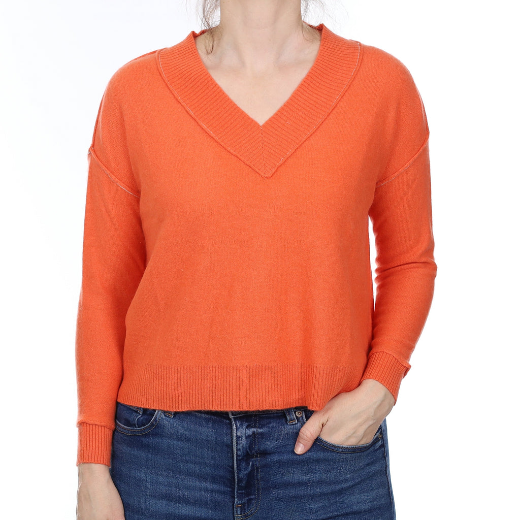 Sunset Orange Cashmere Slouchy V Neck Jumper Small
