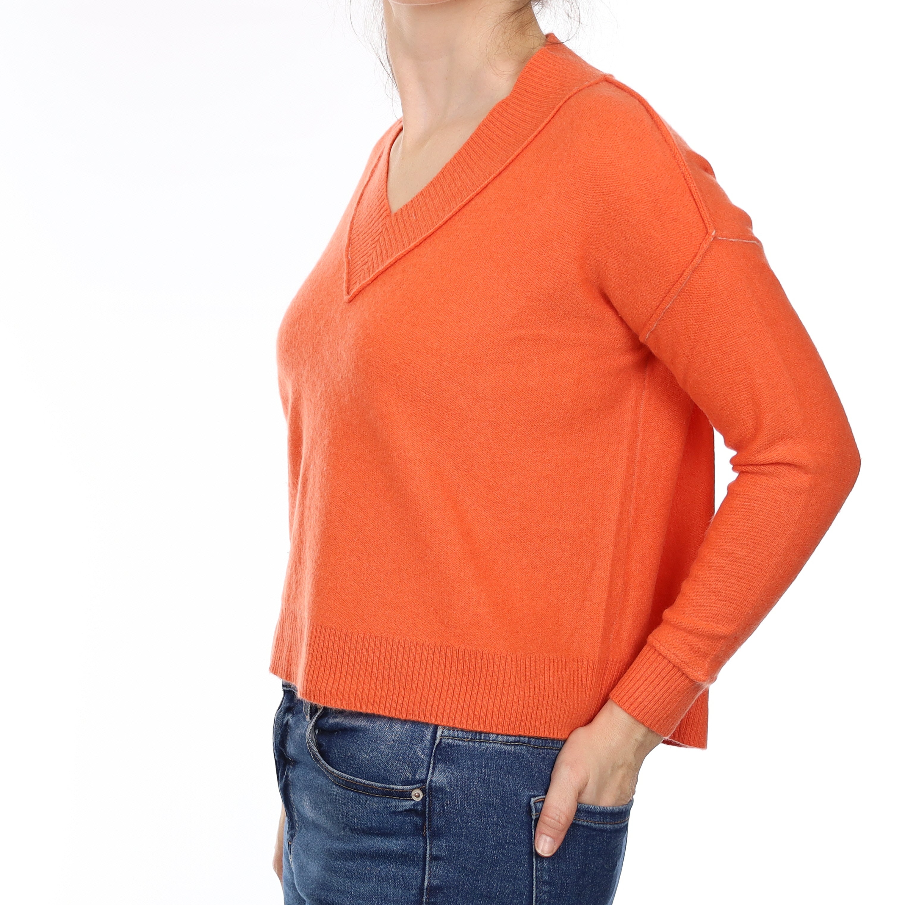 Sunset Orange Cashmere Slouchy V Neck Jumper Small