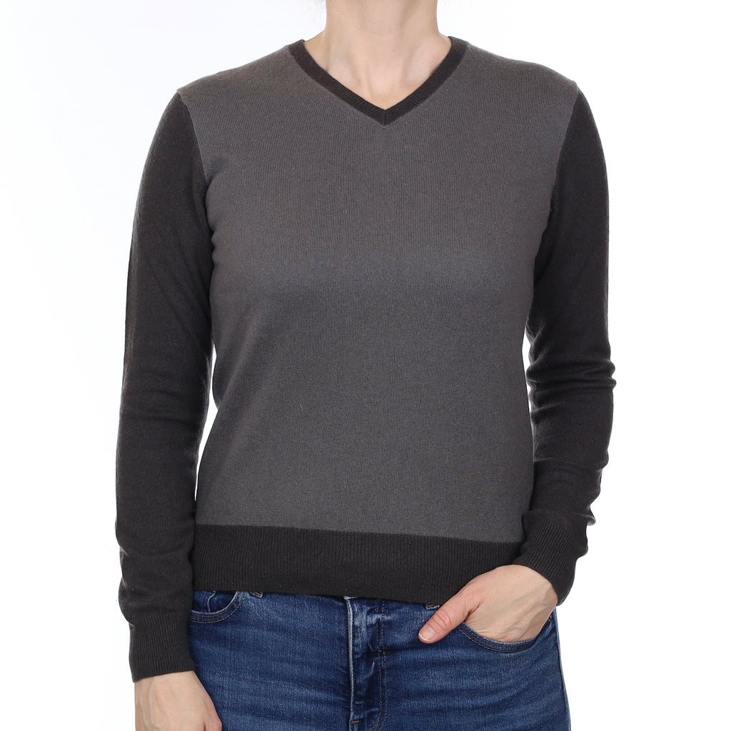 Grey Colour Block Cashmere V Neck Jumper Small