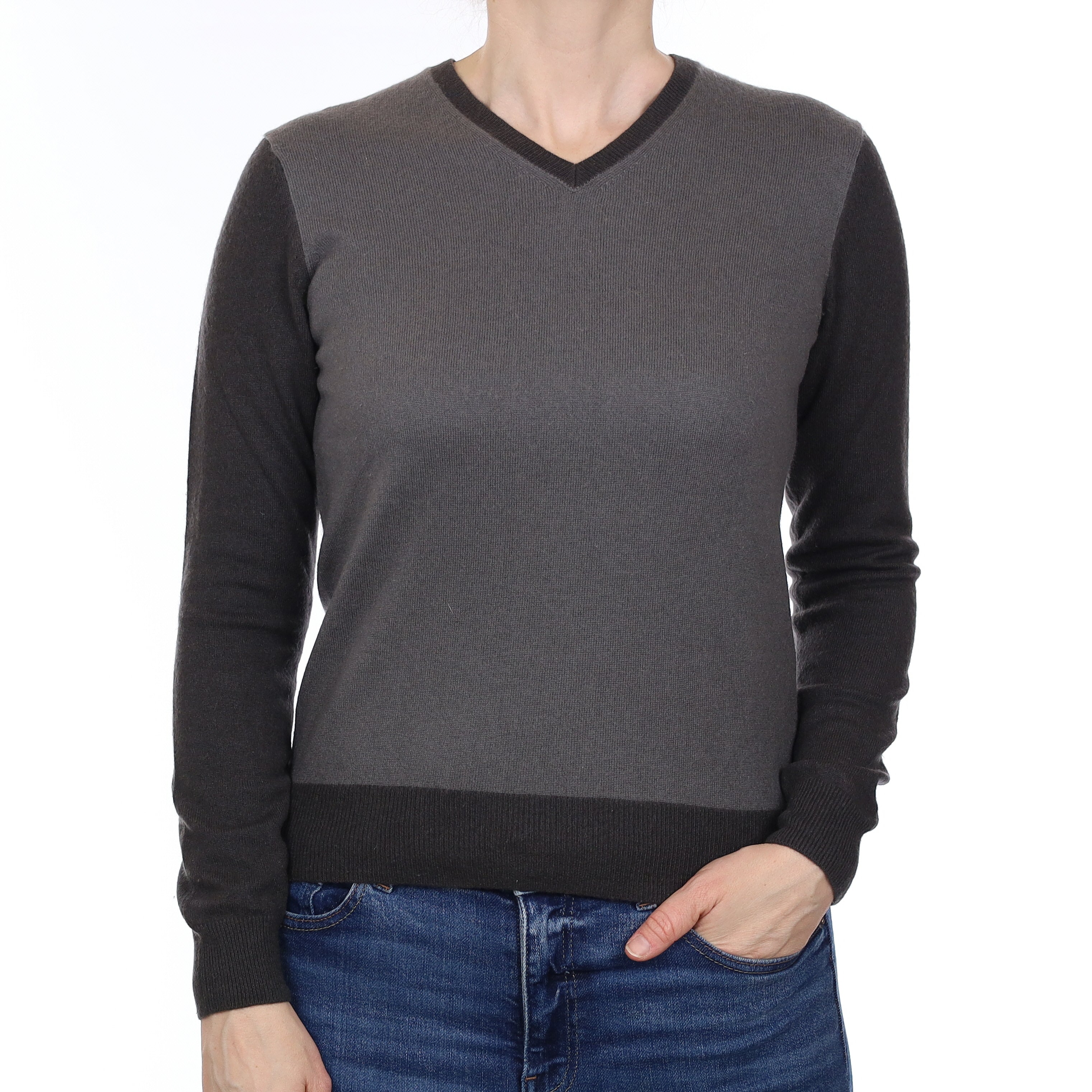Grey Colour Block Cashmere V Neck Jumper Small