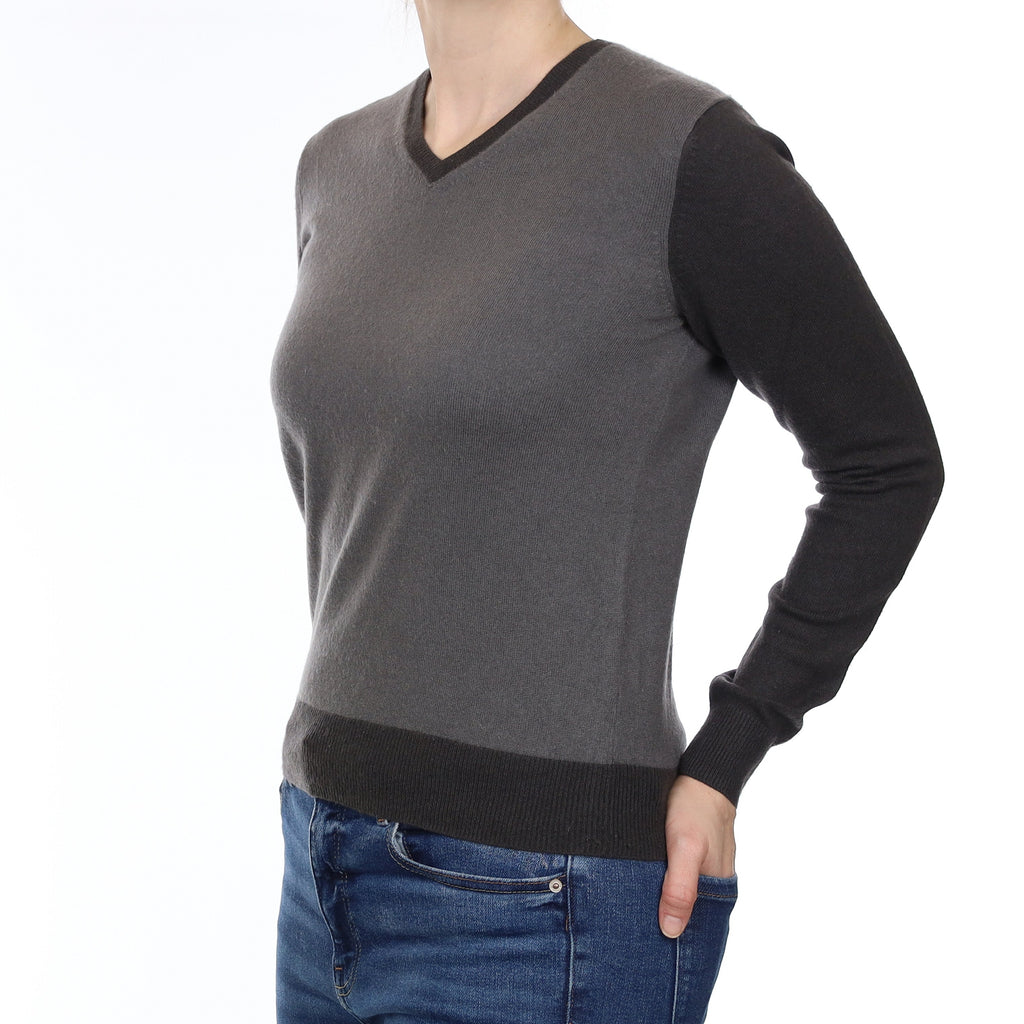 Grey Colour Block Cashmere V Neck Jumper Small