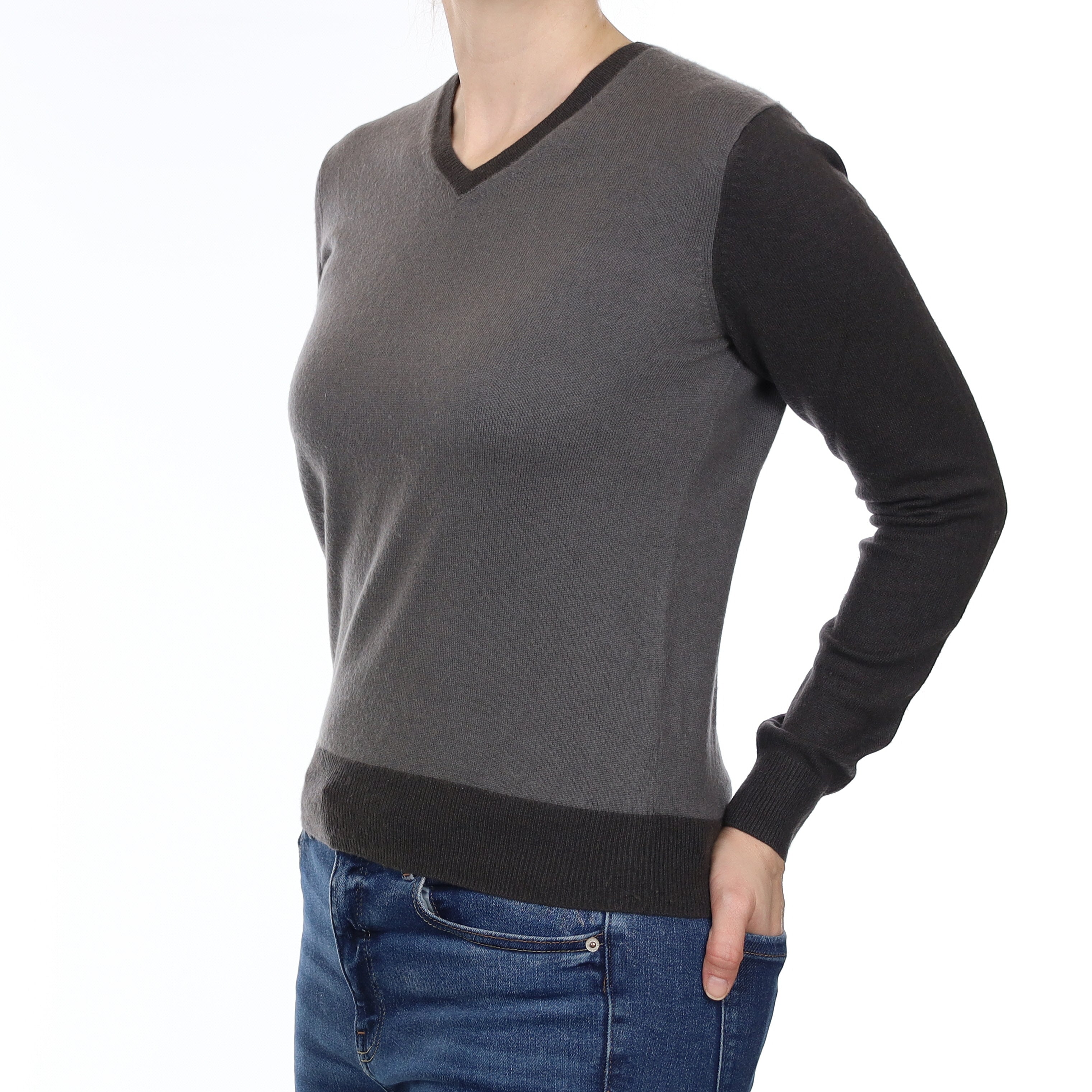 Grey Colour Block Cashmere V Neck Jumper Small