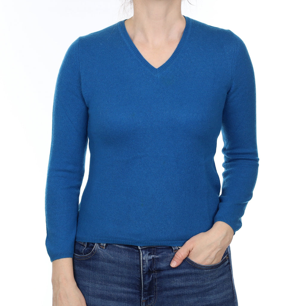 Peacock Blue Cashmere V Neck Jumper Small