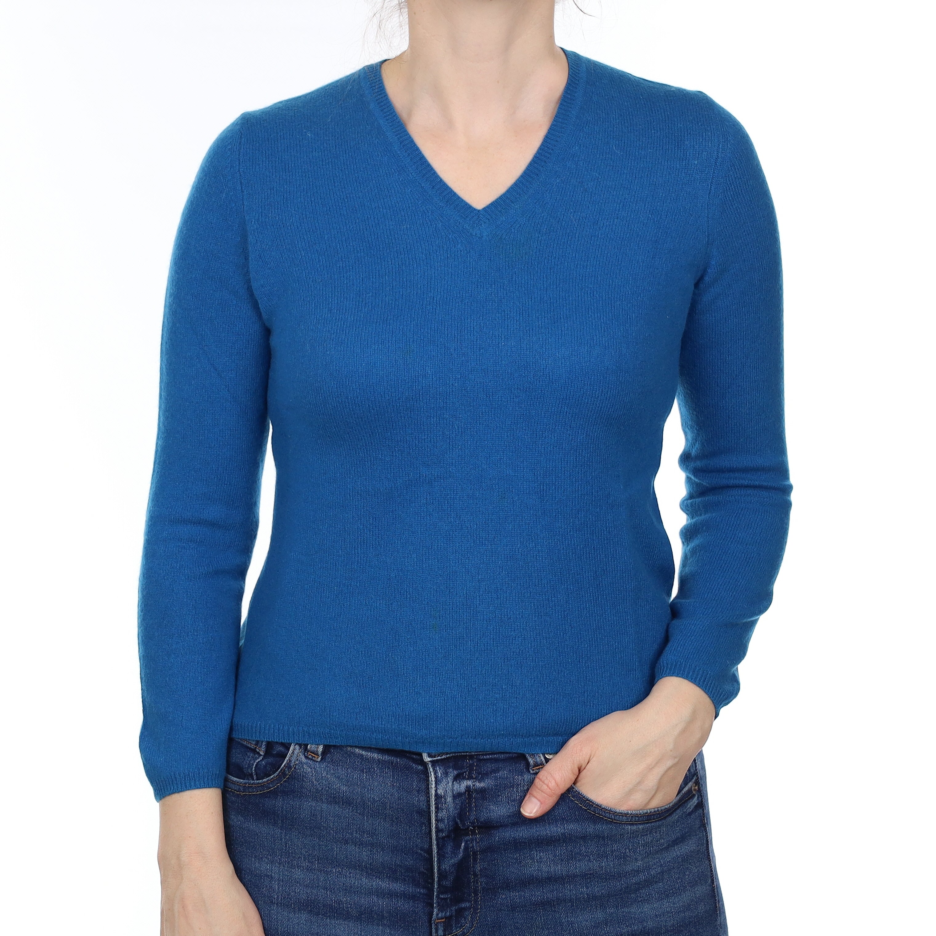 Peacock Blue Cashmere V Neck Jumper Small