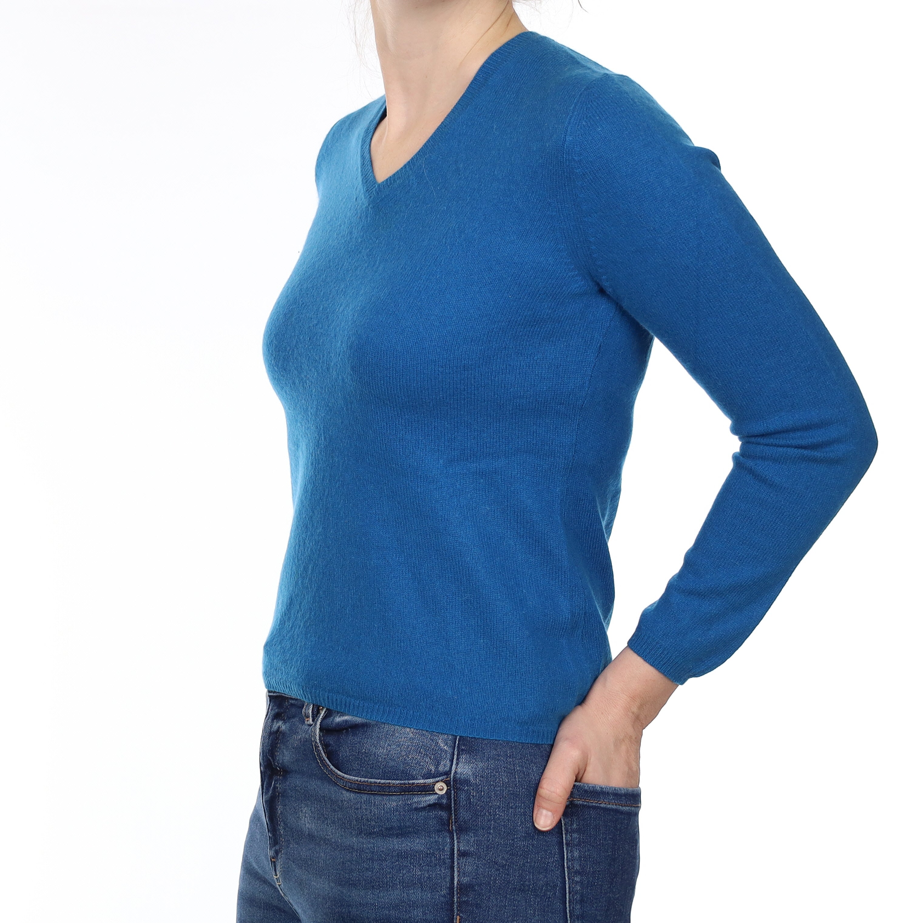 Peacock Blue Cashmere V Neck Jumper Small