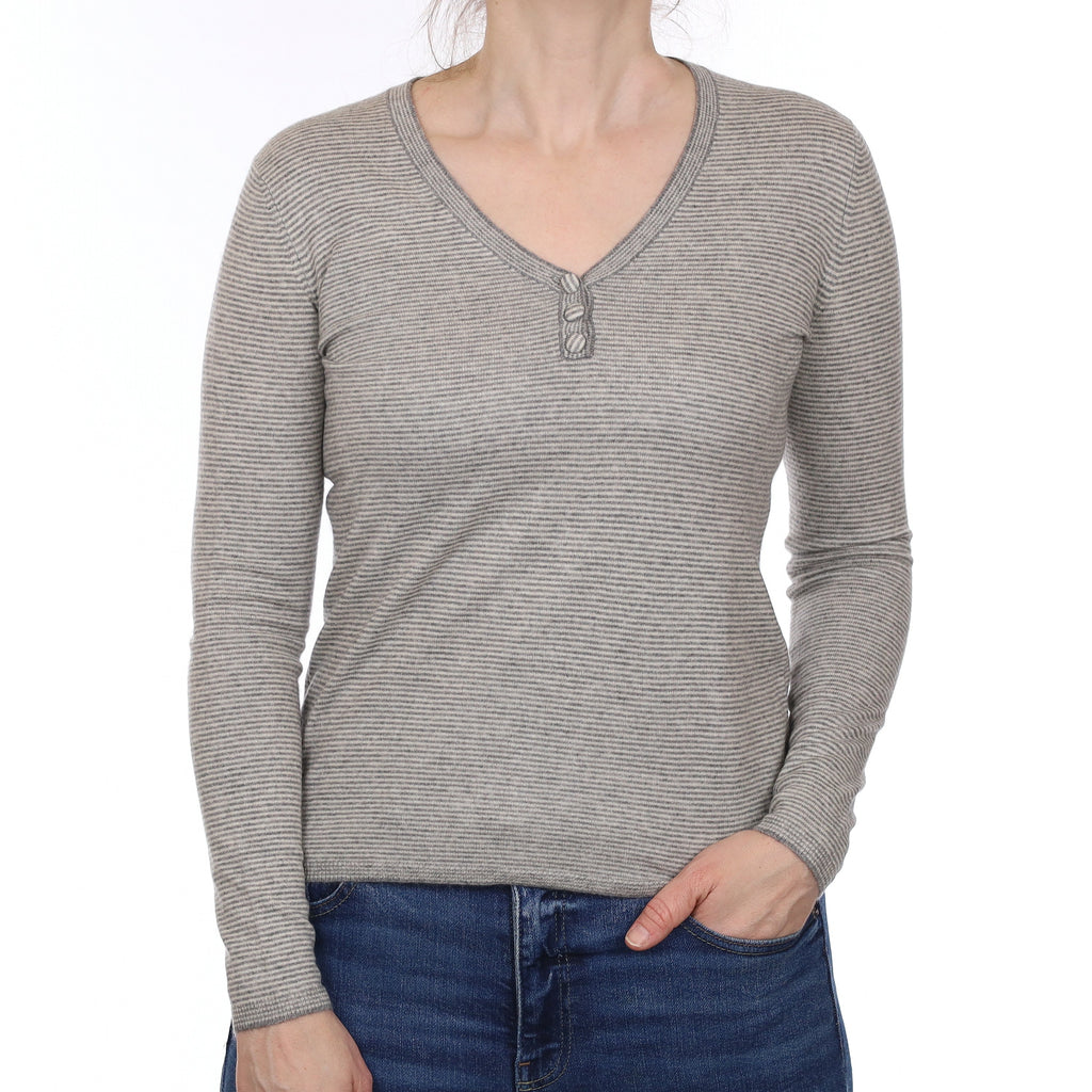 Grey Striped Fine knit Cashmere V Neck Jumper Small
