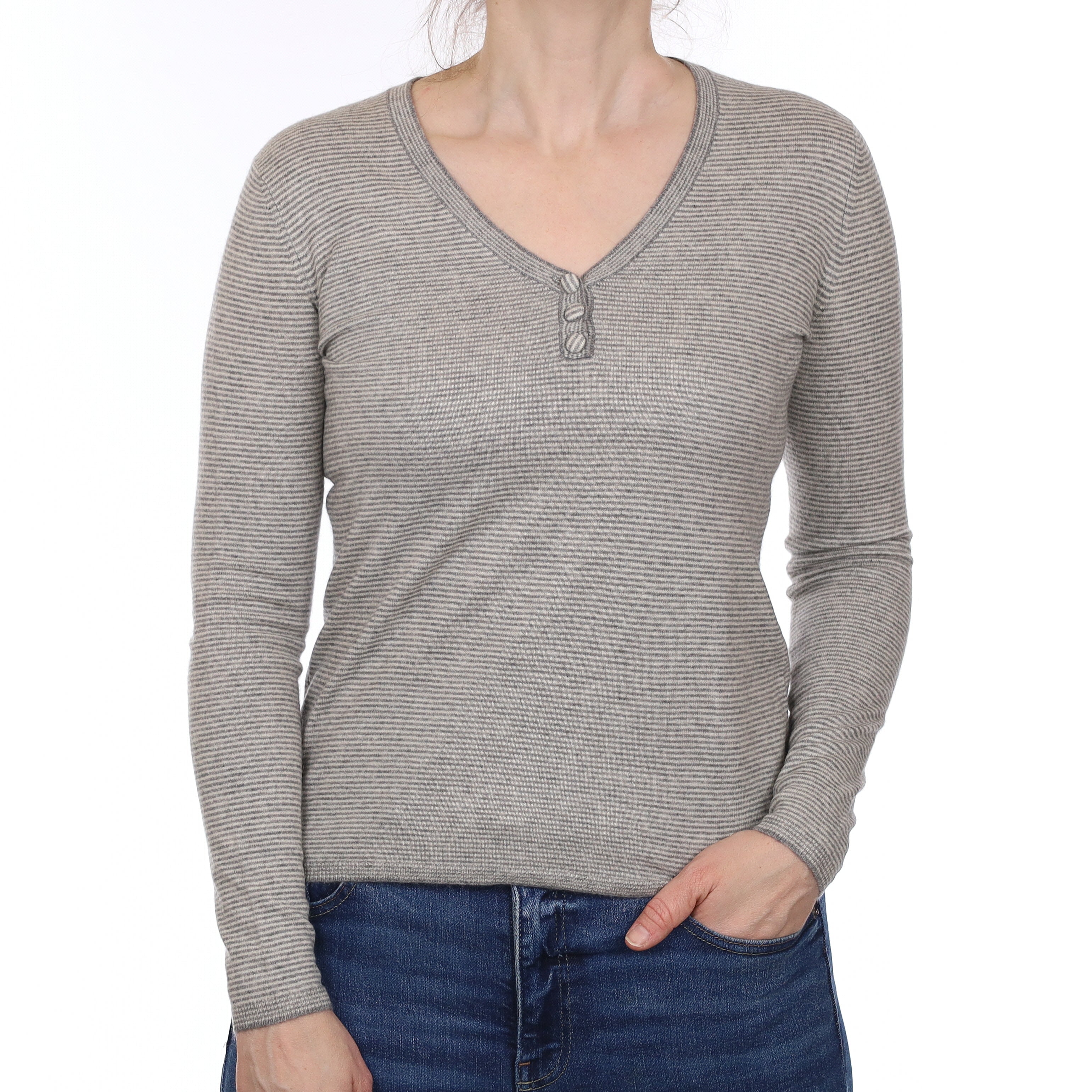 Grey Striped Fine knit Cashmere V Neck Jumper Small