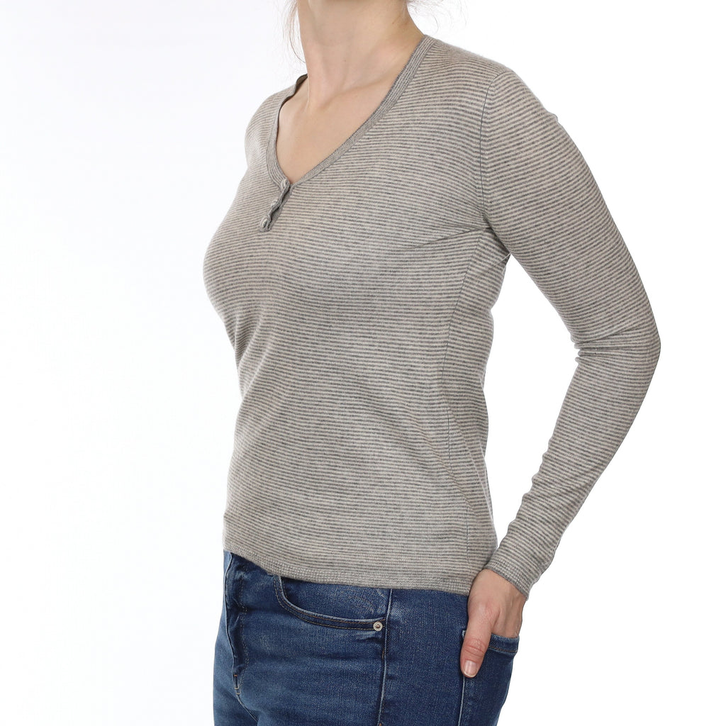 Grey Striped Fine knit Cashmere V Neck Jumper Small
