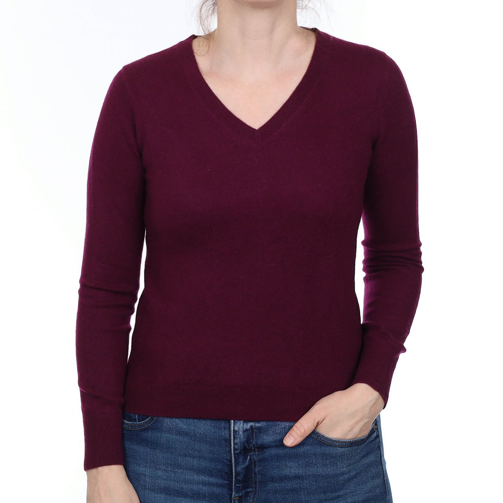 Damson Purple Cashmere V Neck Jumper Small