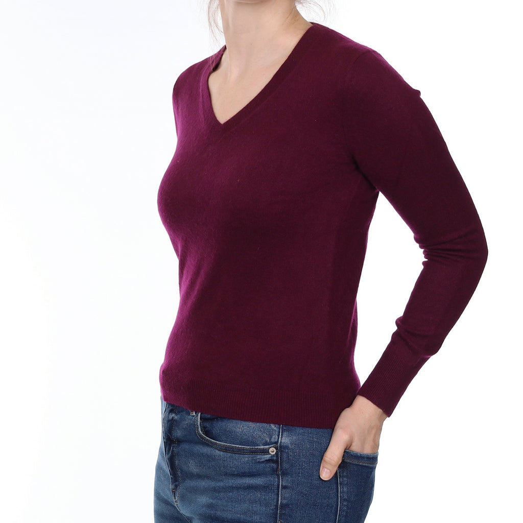 Damson Purple Cashmere V Neck Jumper Small