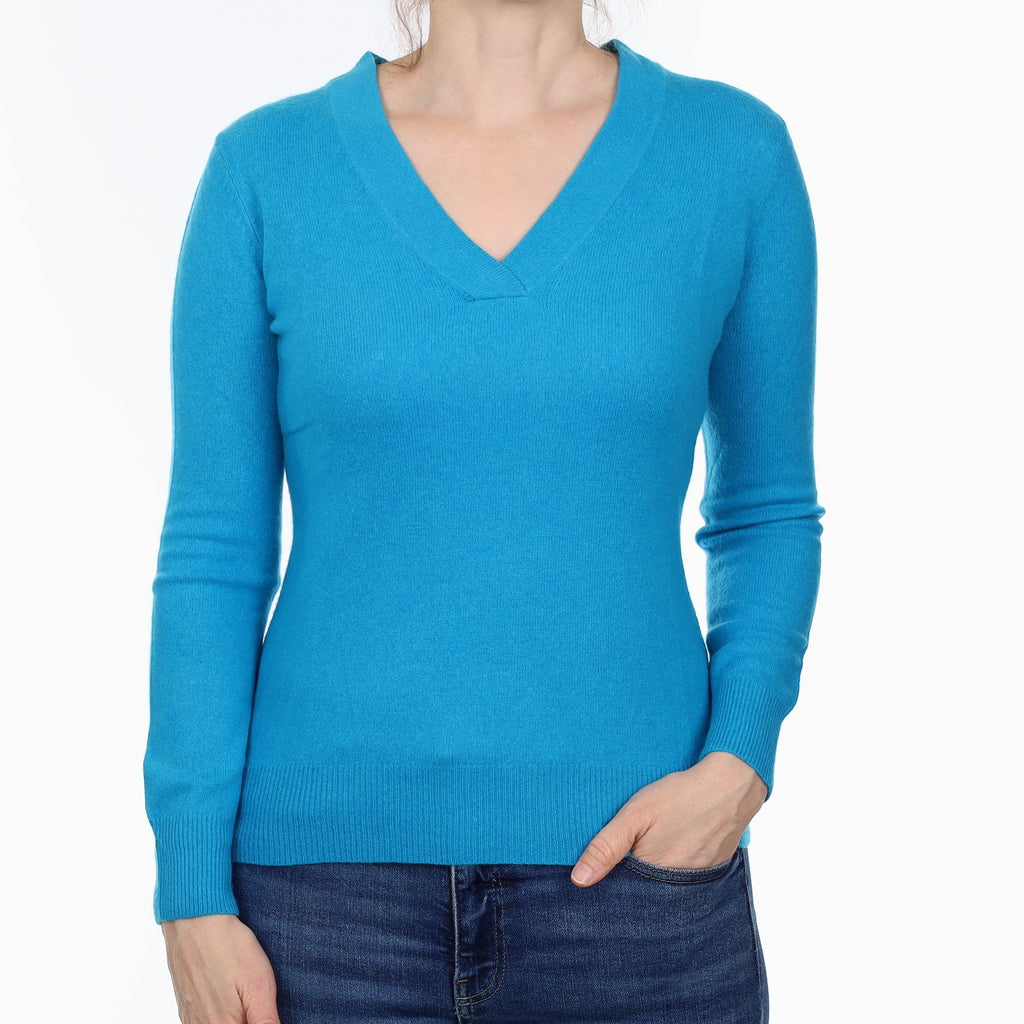 Vivid Turquoise Blue Cashmere V Neck Jumper Small