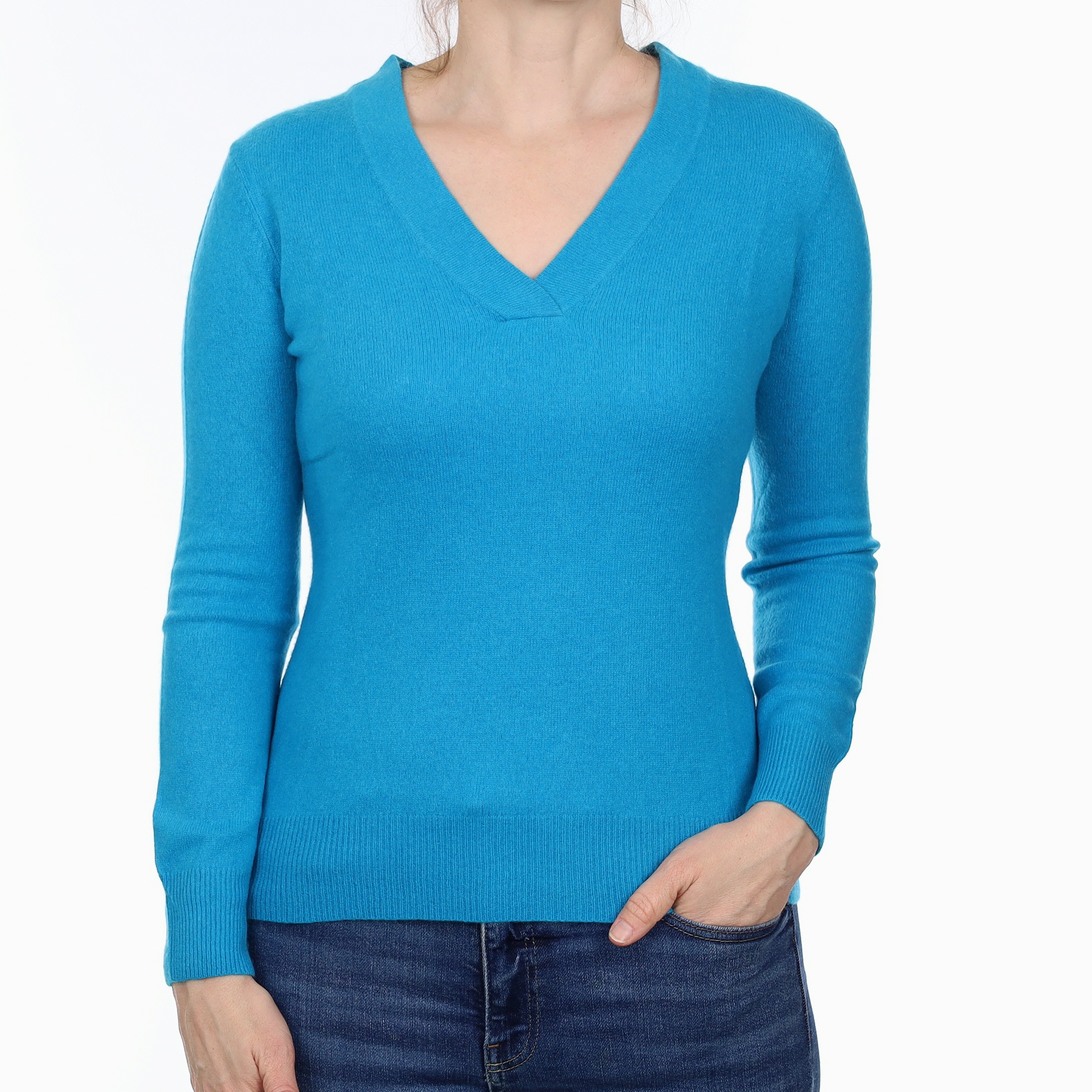 Vivid Turquoise Blue Cashmere V Neck Jumper Small