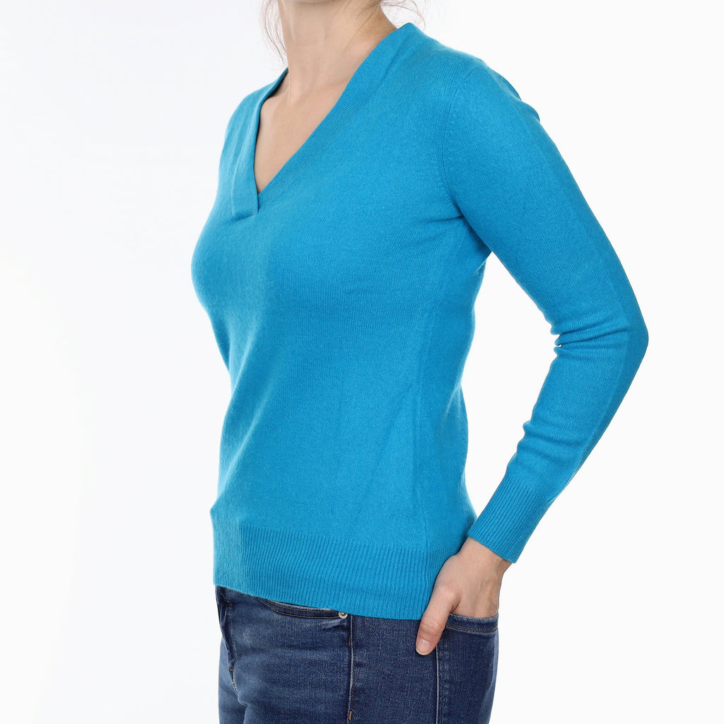 Vivid Turquoise Blue Cashmere V Neck Jumper Small