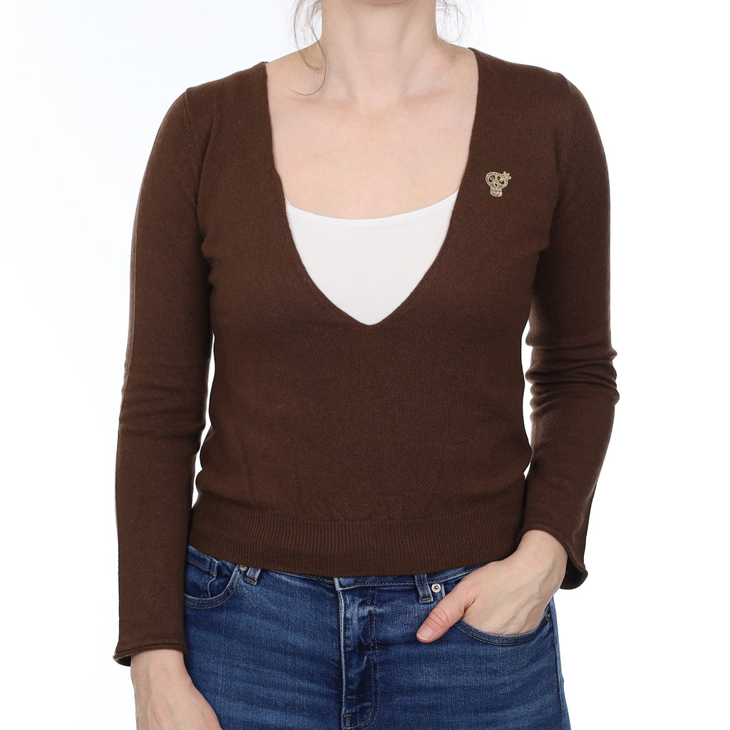 Chocolate Brown Cashmere Low V Neck Jumper Small