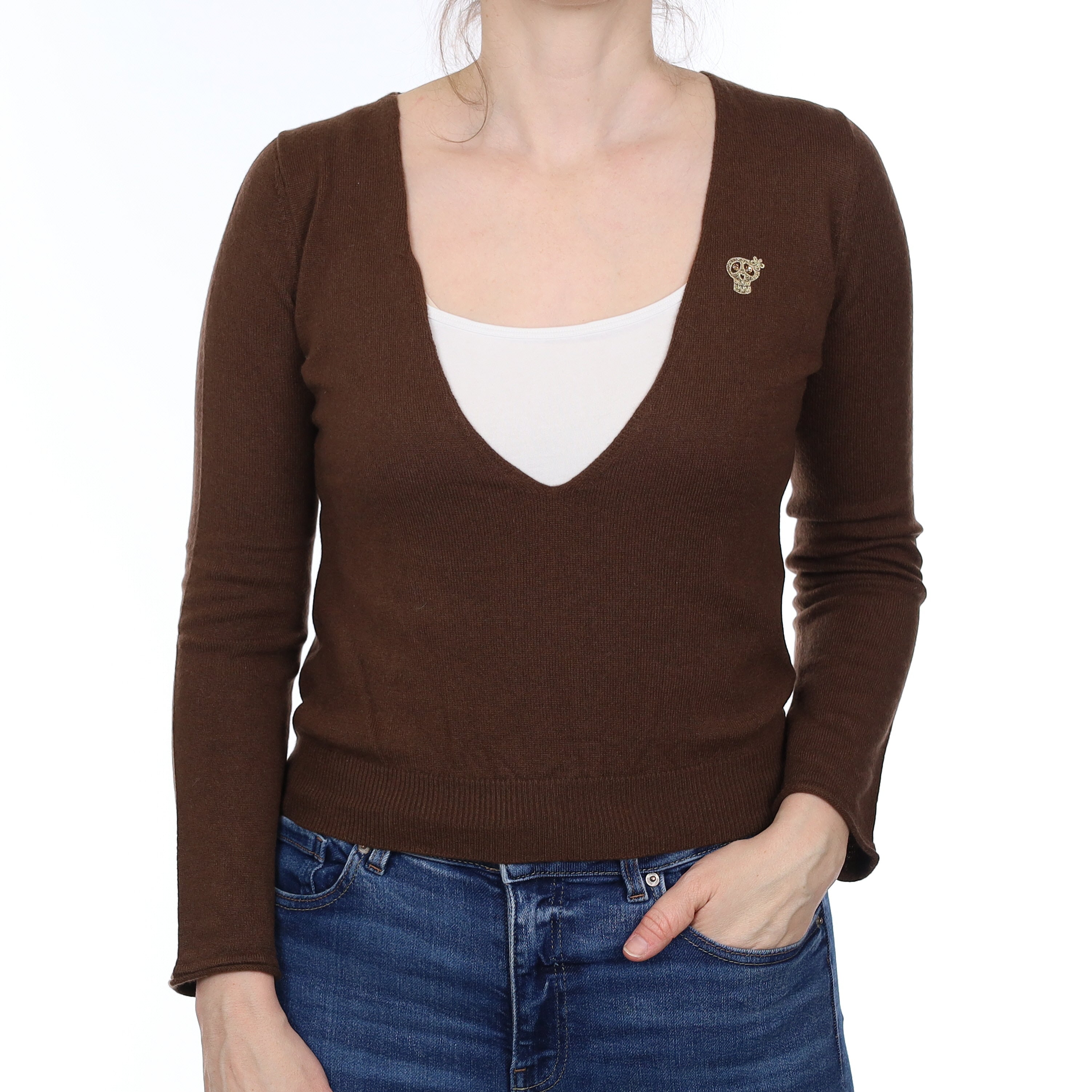 Chocolate Brown Cashmere Low V Neck Jumper Small