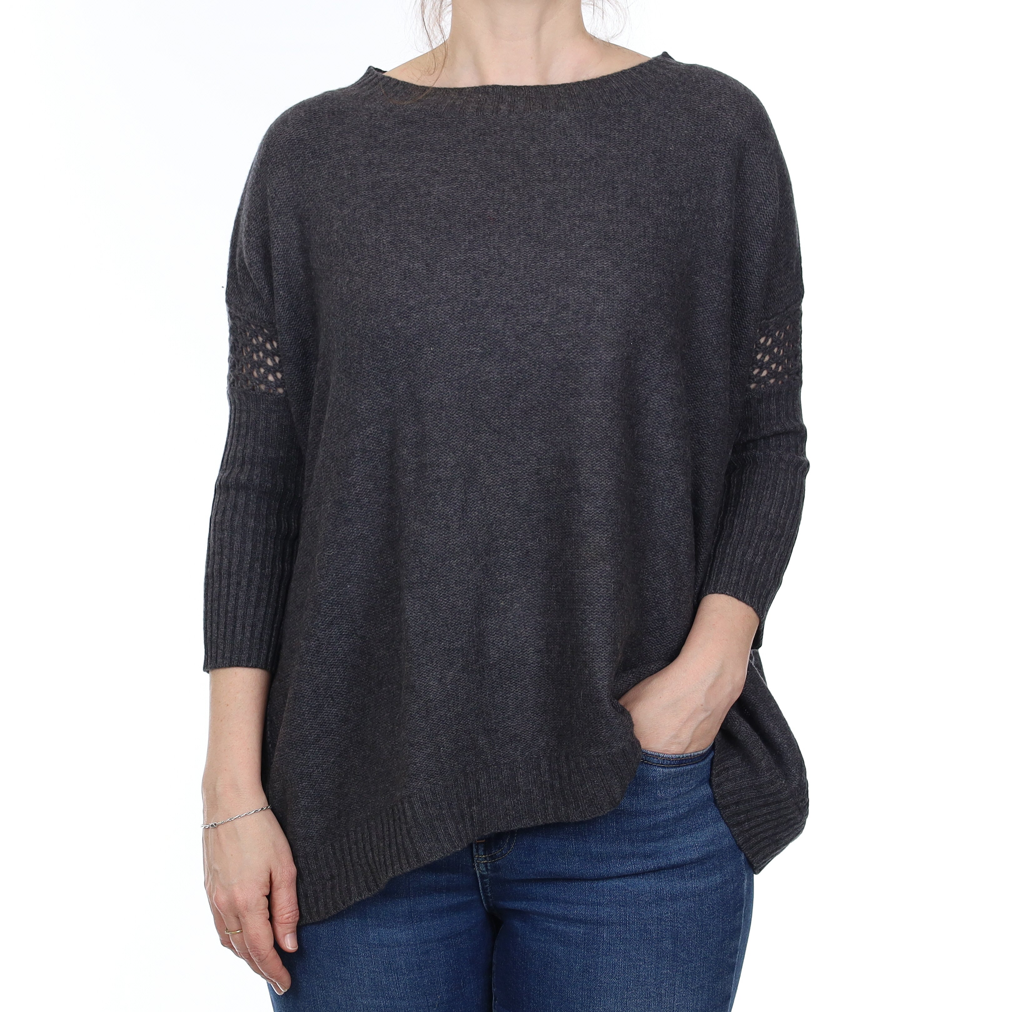 Slate Grey Cashmere Slouchy Batwing Crew Neck Jumper Small