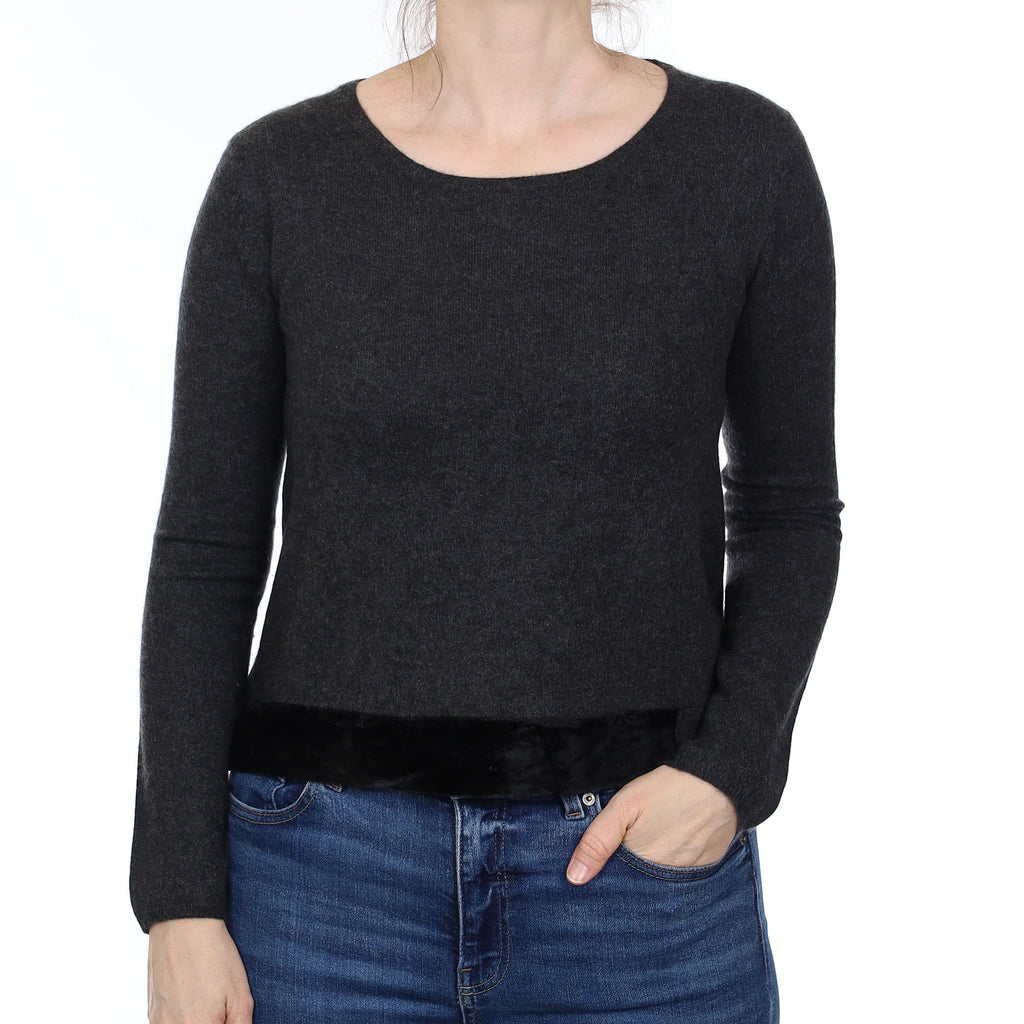 Charcoal Grey Velvet Trim Cashmere Crew Neck Jumper Small