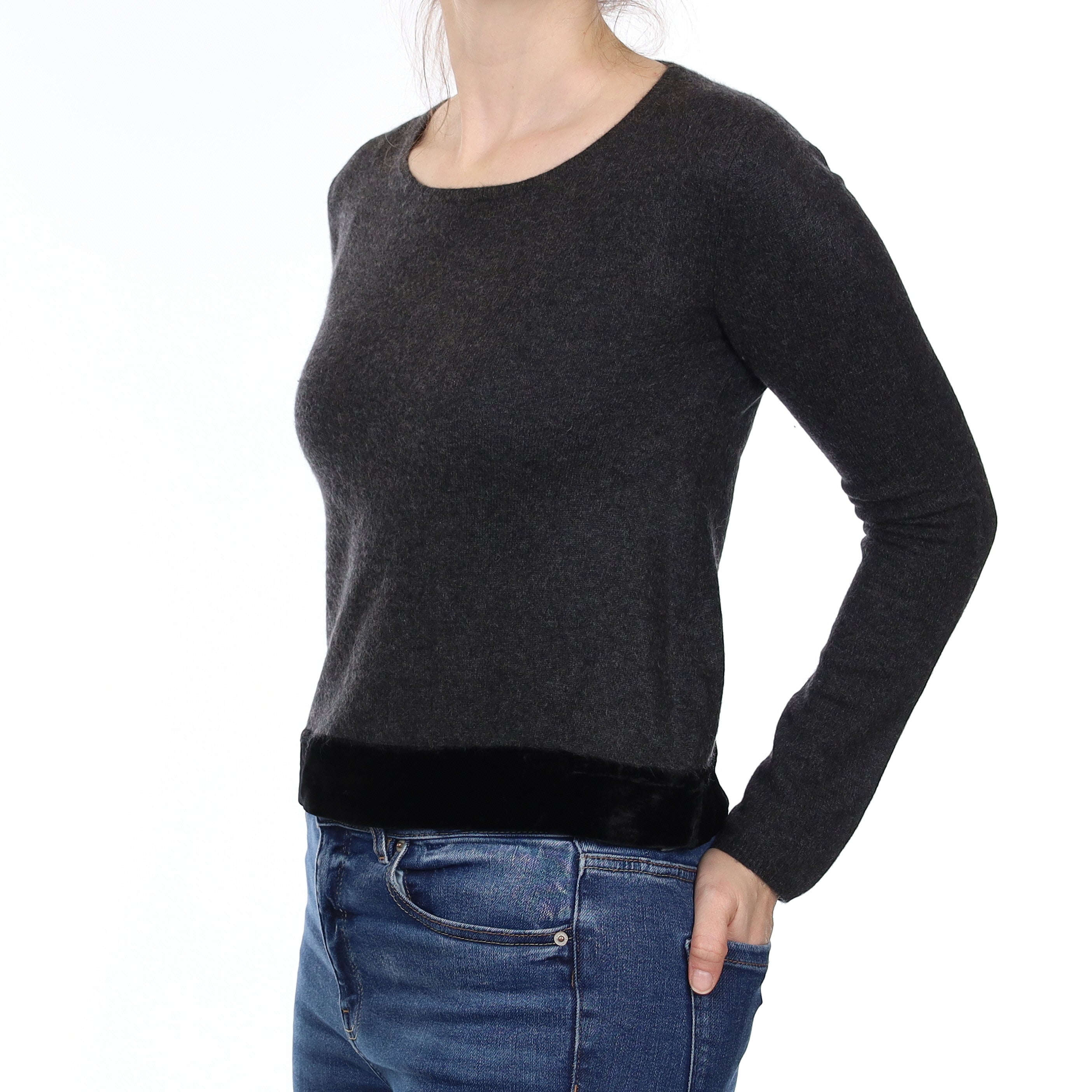 Charcoal Grey Velvet Trim Cashmere Crew Neck Jumper Small