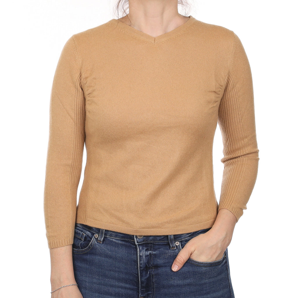 Camel Cashmere Ruched Detail V Neck Jumper Small