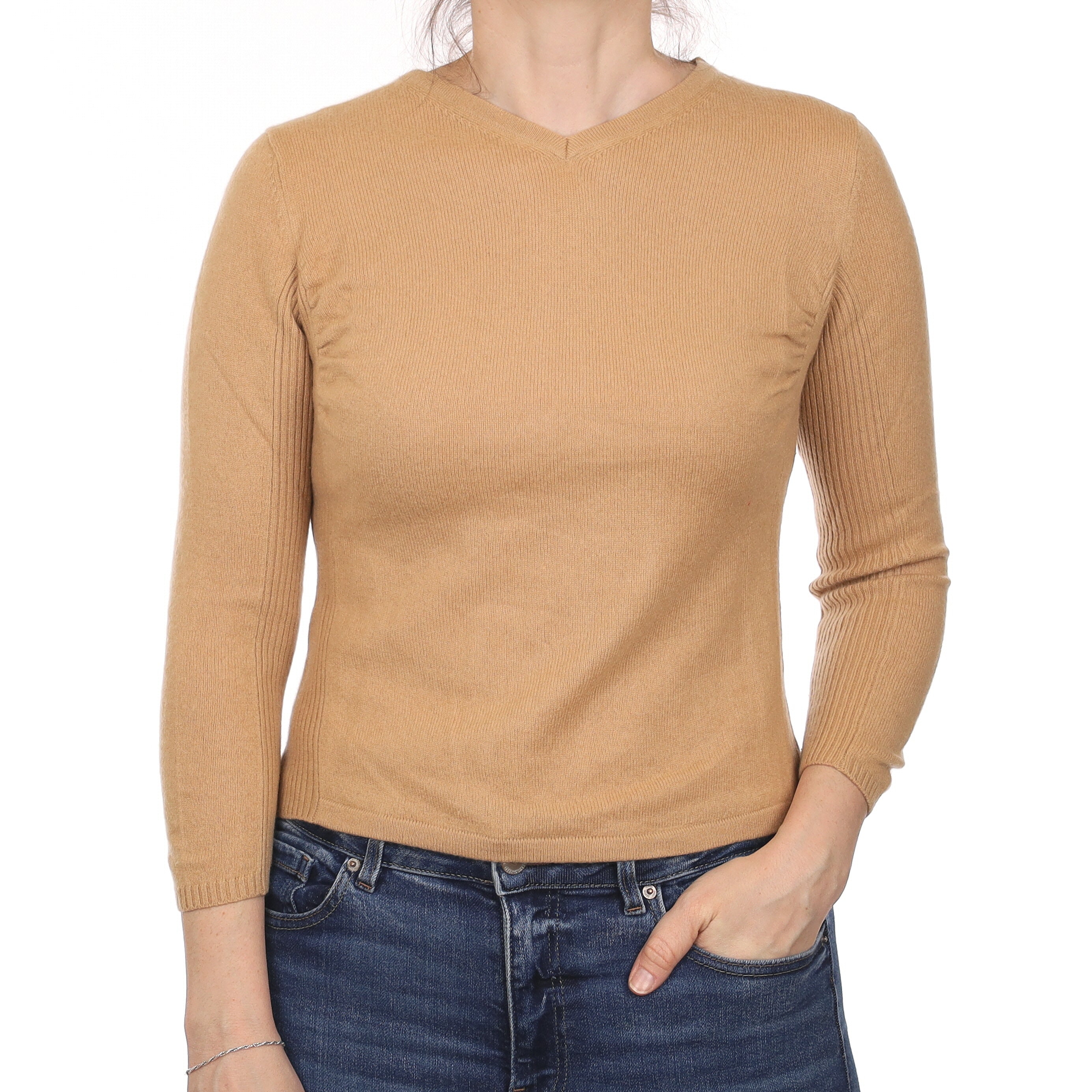 Camel Cashmere Ruched Detail V Neck Jumper Small