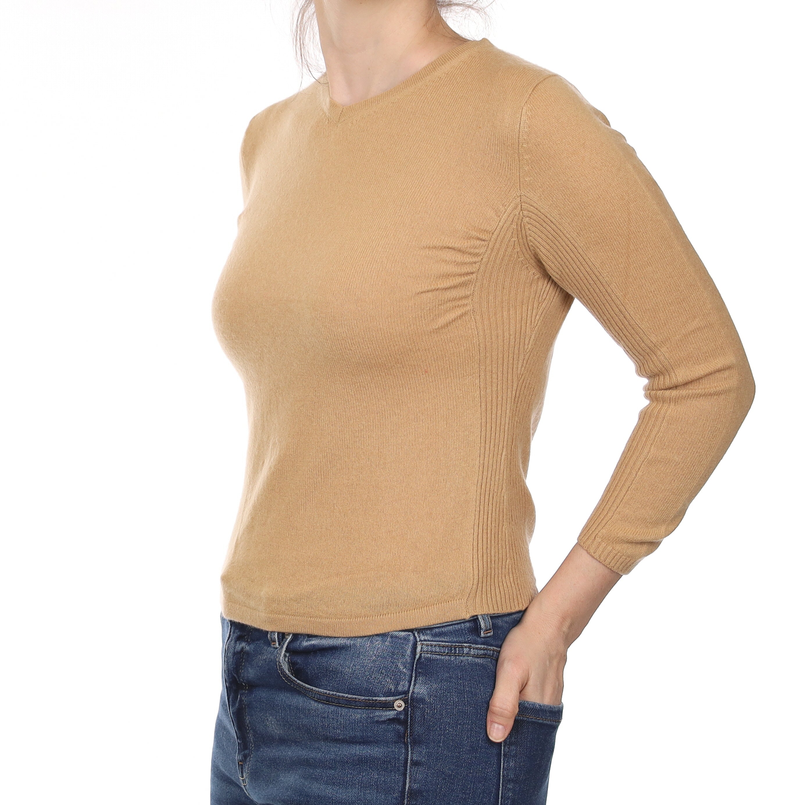 Camel Cashmere Ruched Detail V Neck Jumper Small