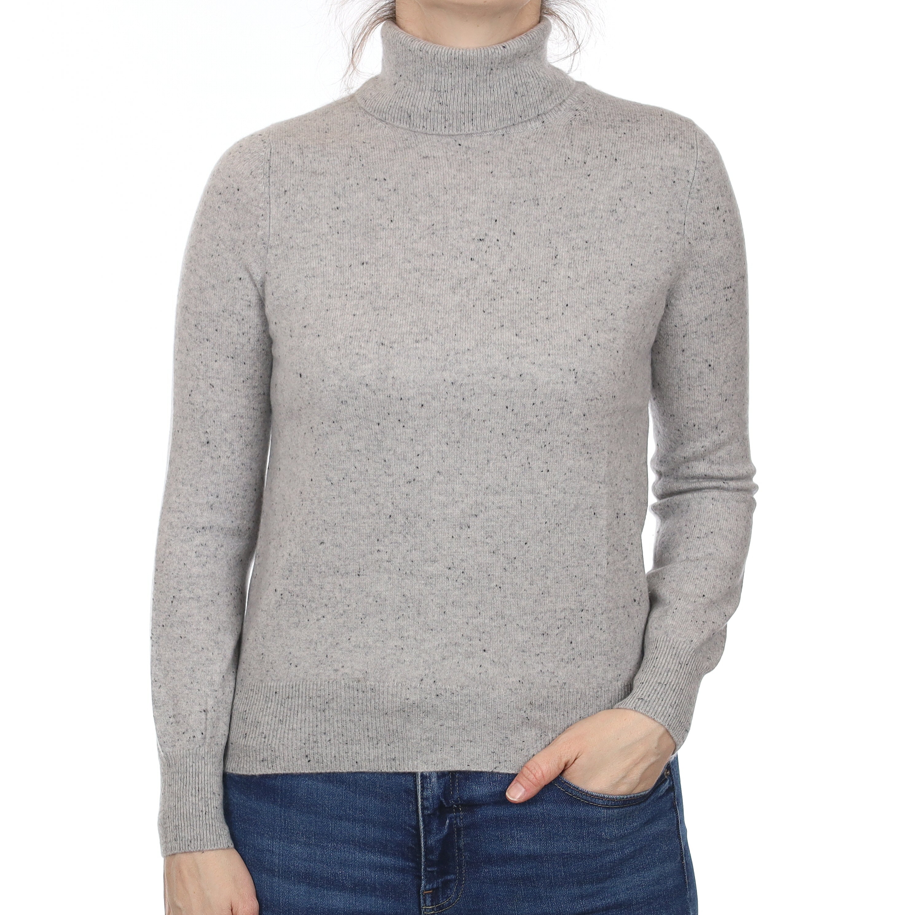 Grey Flecked Cashmere Polo Neck Jumper Small